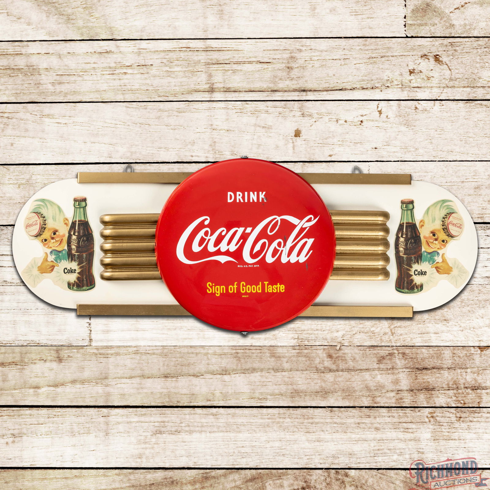 Drink Coca Cola Sign of Good Taste Single Sided Tin Button Sign w/ Kay Sprite Boy Display: Colorful multiple-piece sign with 12" SST (Single Sided Tin) button and Masonite Kay reverse back with Sprite boy has excellent color and shine. The button has light wear with marks and scuffs in the