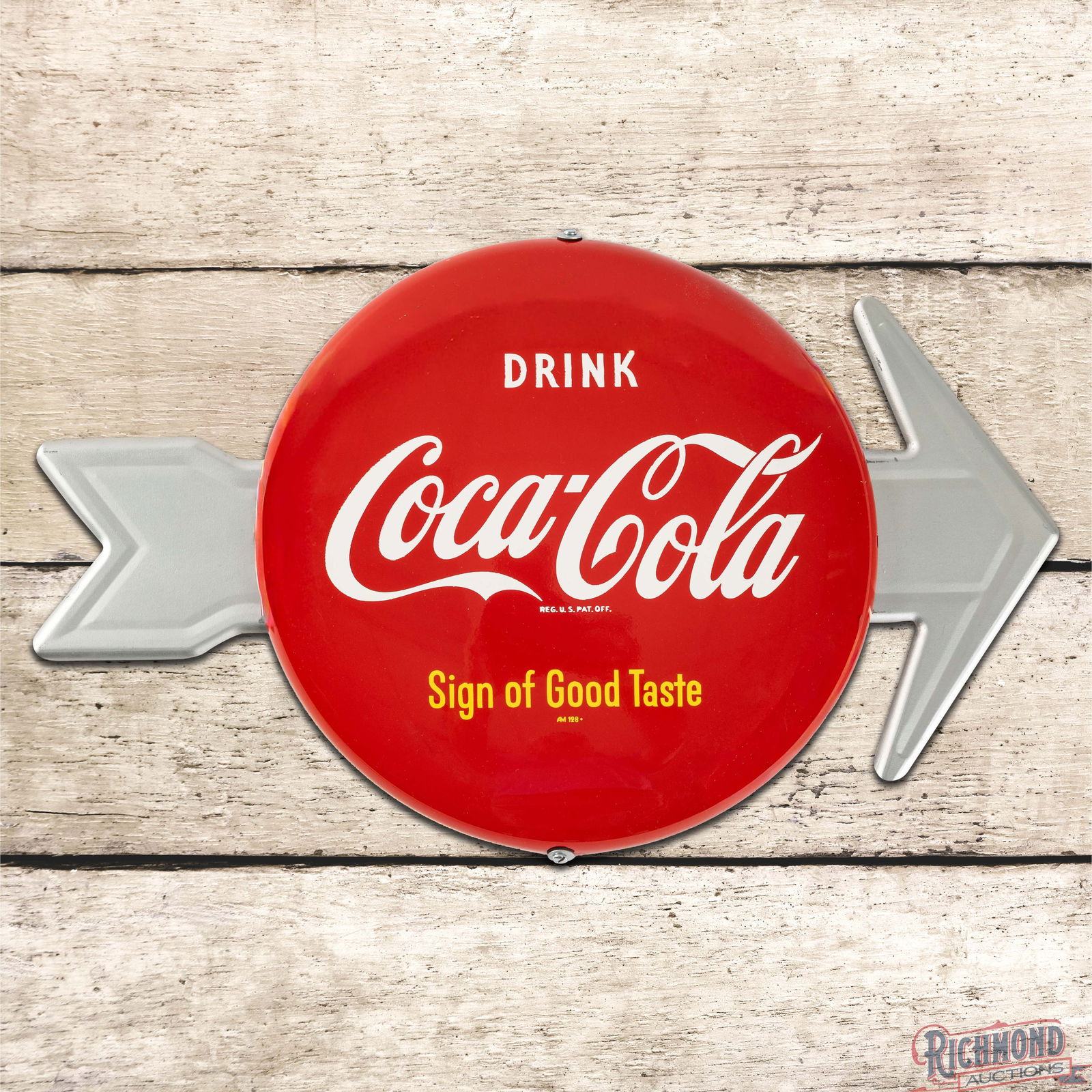 Superb Drink Coca Cola Sign of Good Taste 12" Single Sided Tin Button Sign w/ Arrow: SST (Single Sided Tin) multi-piece Coke sign with 12" button and die cut arrow reverse has outstanding color and shine. The button is very clean overall with minor surface imperfections and tiny