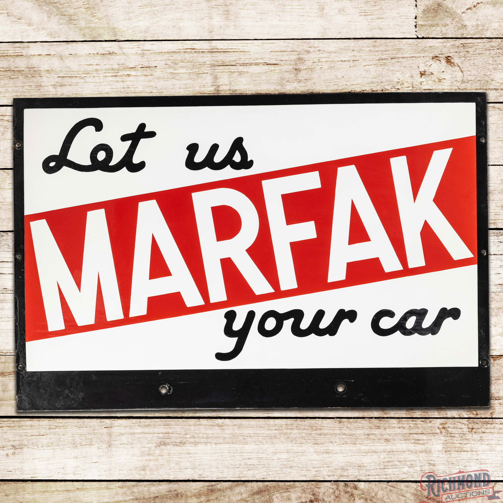 Excellent Texaco Let us Marfak Your Car Double Sided Porcelain Sign: DSP (Double Sided Porcelain) sign has excellent color and gloss. Side #1 is exceptionally clean with minor surface imperfections and areas of slight cloudiness in the fields. The perimeter has light