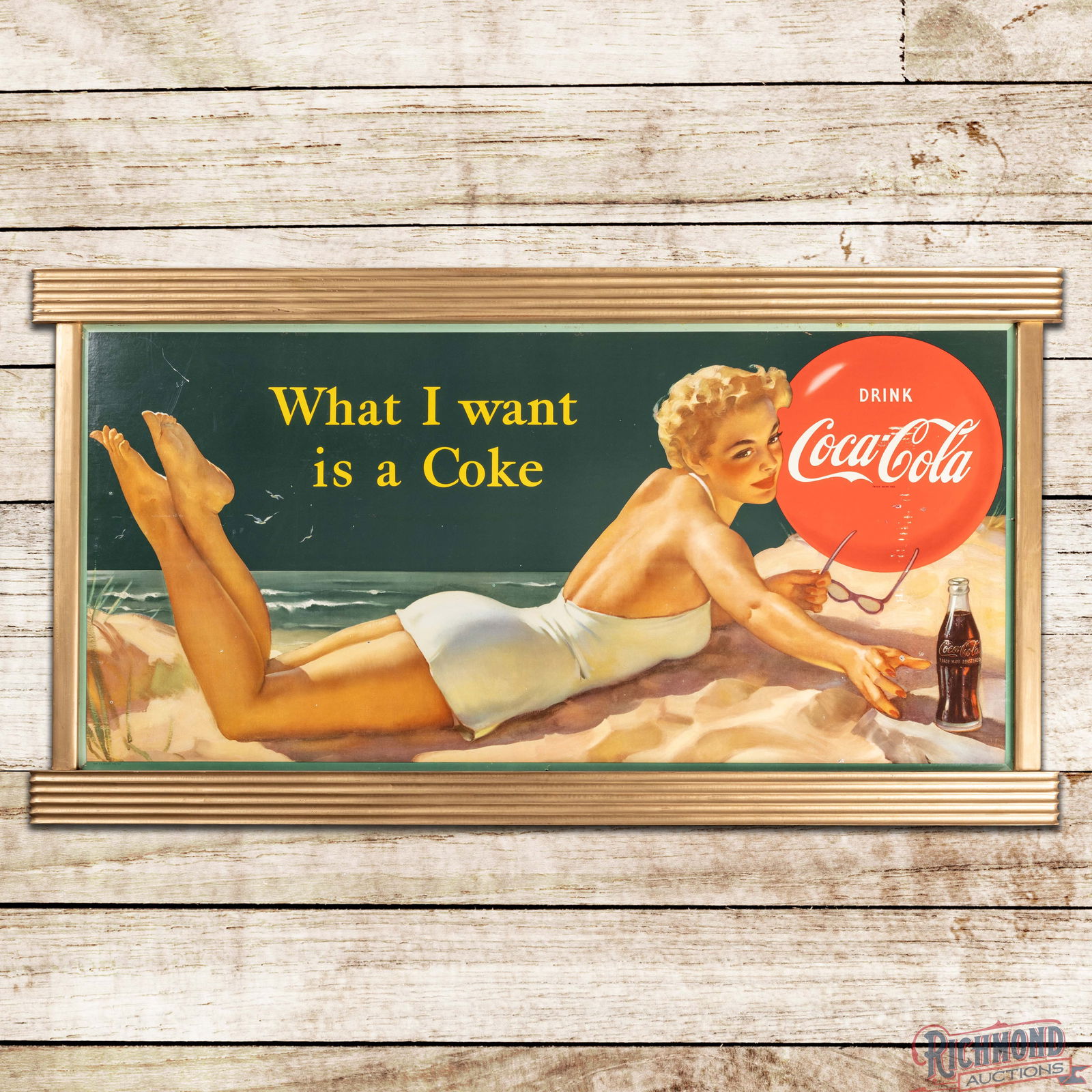 Drink Coca Cola "What I want is a Coke" Framed Cardboard Lithograph Sign w/ Lady & Beach Scene: Single sided cardboard lithograph sign with a wooden frame has very good color throughout. The sign features a highly detailed beach scene with logo and bottle graphics. The sign has scuffs in the