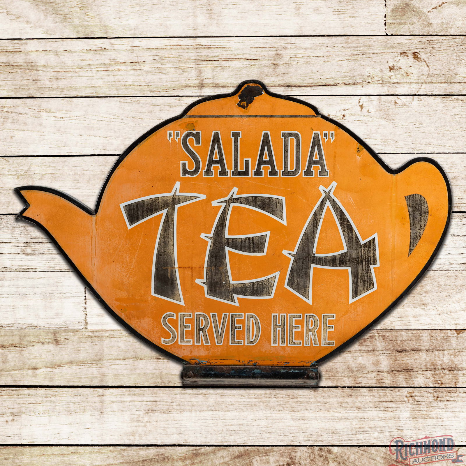 Scarce Salada Tea Served Here Double Sided Porcelain Die Cut Display Sign w/ Base: DSP (Double Sided Porcelain) die cut cookie cutter edge sign with cast base has good color and moderate gloss. Side #1 has general wear with chips and cloudiness to the porcelain enamel. The reverse