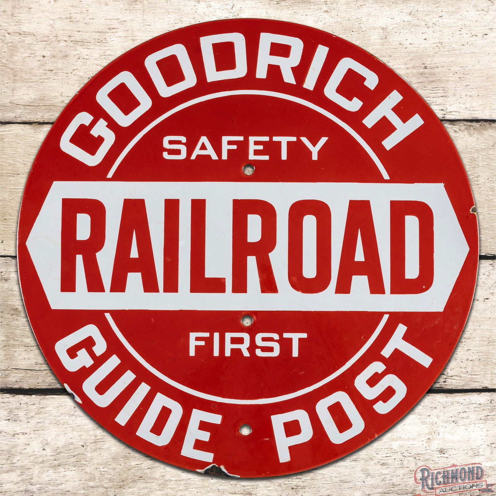 Impressive Goodrich Railroad Guide Post "Safety First" 20" Single Sided Porcelain Sign: SSP (Single Sided Porcelain) sign has outstanding color and gloss. The field are clean with minor factory imperfections. The perimeter has small chips along the outer edges. All in all an impressive