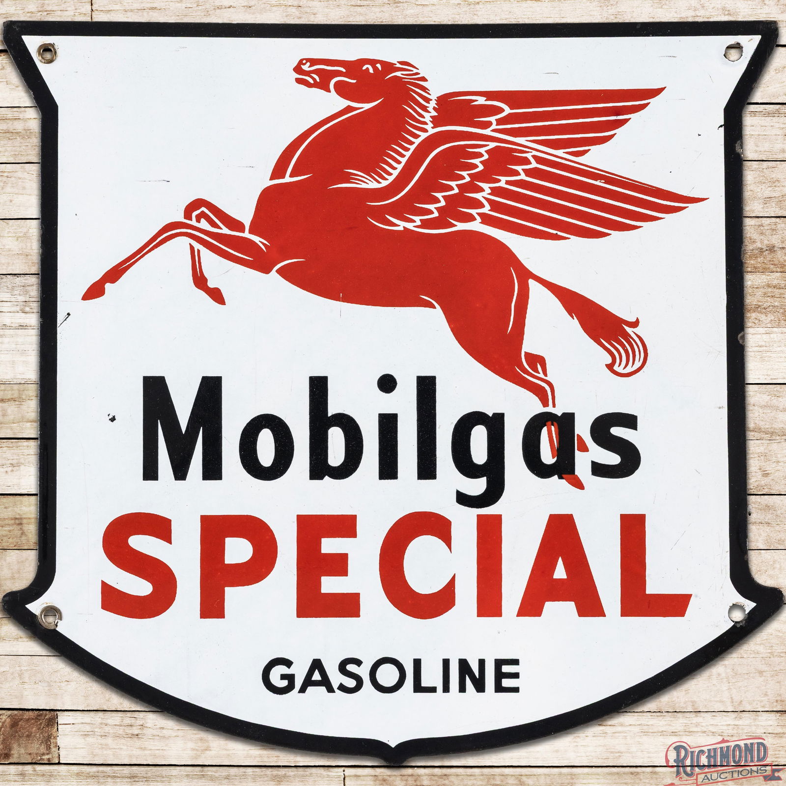 Mobilgas Special Gasoline "Drop Leg" Single Sided Porcelain Pump Plate Sign: SSP (Single Sided Porcelain) die cut pump plate has excellent color and gloss. The sign has a slight vertical bow with small scratches in the fields and tiny chip in the left outer field. The