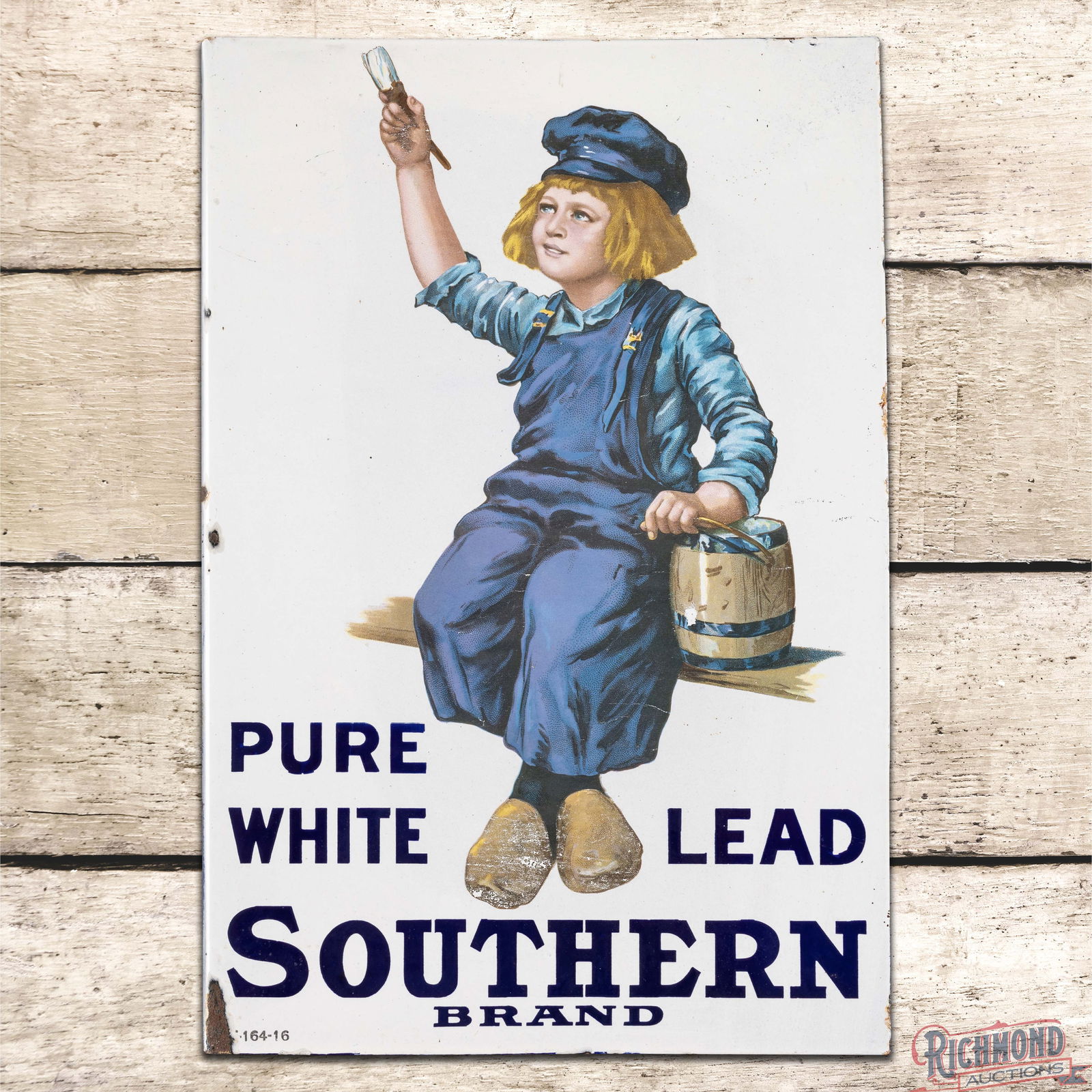 Dutch Boy Southern Brand Pure White Lead Paint Double Sided Porcelain Flange Sign: DSP (Double Sided Porcelain) flange has very good color and gloss. The sign has outstanding graphics of the Dutch Boy painting in the field. The display has light wear with scuffs and minor