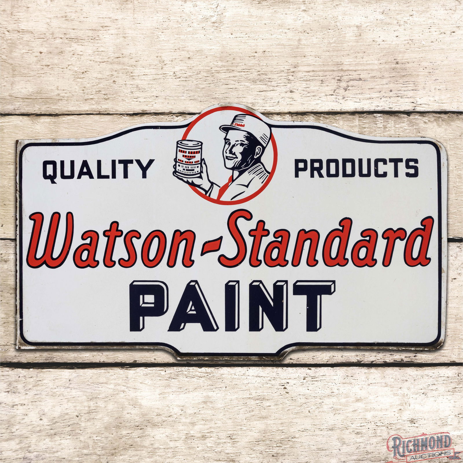 Oustanding Watson Standard Paints Quality Products Die Cut Double Sided Porcelain Flange Sign w/: DSP (Double Sided Porcelain) die cut flange has excellent color and gloss. Side #1 has a clean field with minor surface imperfections. The perimeter has discoloration and small chips along the edges.