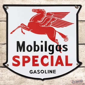 Superb Mobilgas Special Gasoline Single Sided Porcelain Pump Plate Sign w/ Pegasus "Drop Leg"