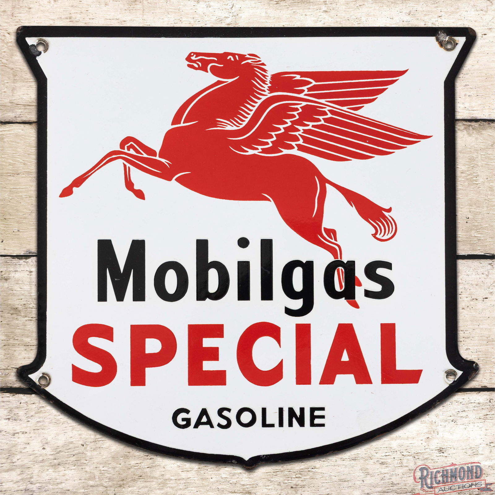 Superb Mobilgas Special Gasoline Single Sided Porcelain Pump Plate Sign w/ Pegasus "Drop Leg": SSP (Single Sided Porcelain) die cut pump plate has excellent color and gloss. The field is clean with minor surface imperfections. The perimeter has small chips at the mount holes and edges. Overall