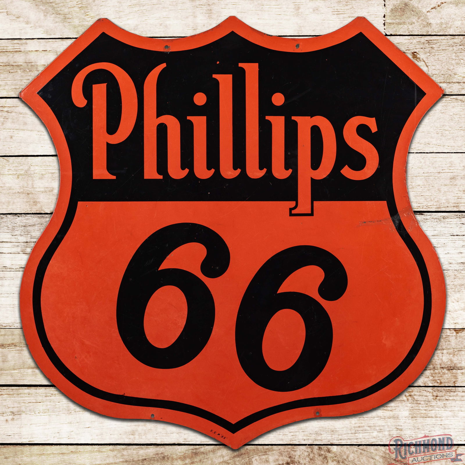 1955 Phillips 66 Gasoline 4' Die Cut Double Sided Porcelain Service Station Sign: DSP (Double Sided Porcelain) die cut sign has good color and gloss. Side #1 has surface war with small chips and fine scratches in the fields. The perimeter has color-matched chips and a slight bend o