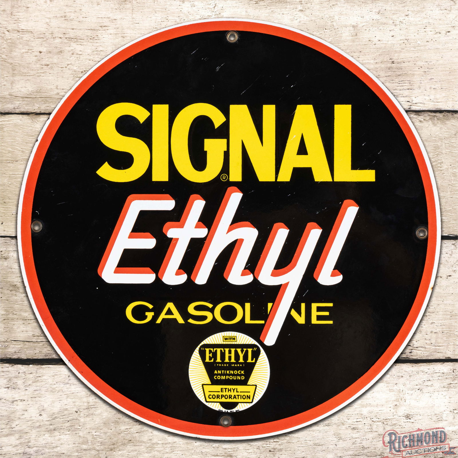 Signal Ethyl Gasoline Single Sided Porcelain Pump Plate Sign w/ Logo (1 of 3)