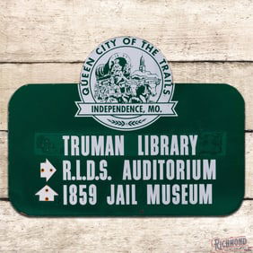 Rare Queen City of the Trails Die Cut Single Sided Porcelain Road Sign w/ Pioneer & Wagon