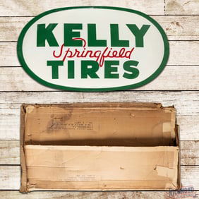1963 NOS Kelly Springfield Tires 4' Single Sided Tin Bubble Sign w/ Factory Box