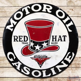 Rare Red Hat Motor Oil Gasoline 32" Double Sided Porcelain Sign w/ Logo