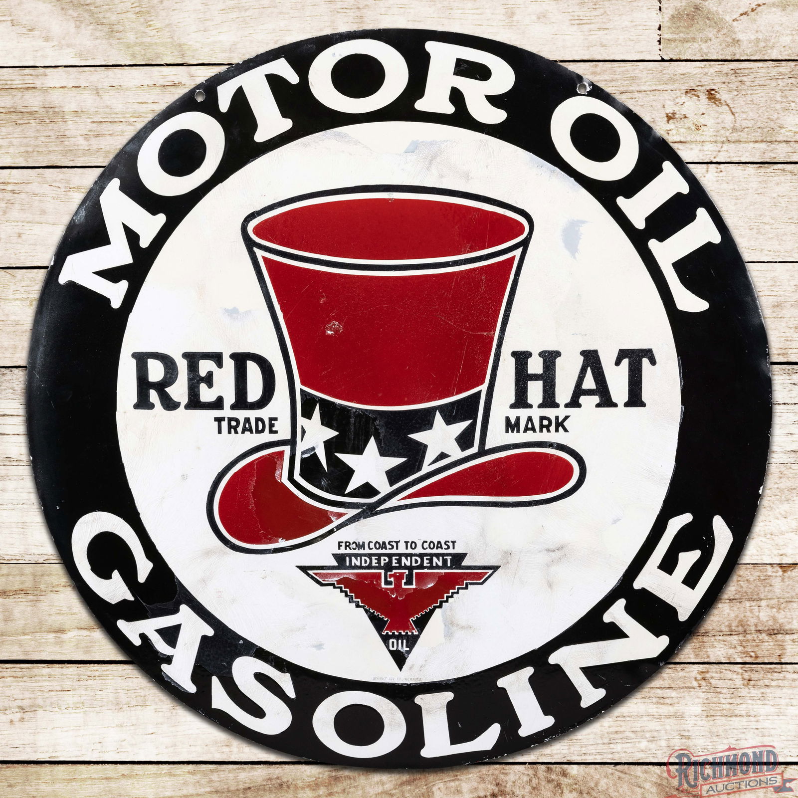 Rare Red Hat Motor Oil Gasoline 32" Double Sided Porcelain Sign w/ Logo: Scarce DSP (Double Sided Porcelain) sign has good color. The sign features a large Red Hat logo in the field with the Independent Thunderbird graphic in the lower field. Side #1 has general surface we
