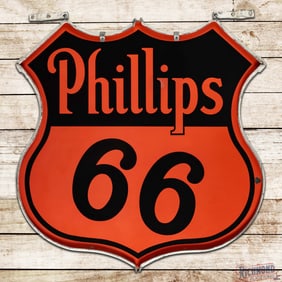 Superb 1955 Phillips 66 Gasoline 4' Die Cut Double Sided Porcelain Shield Sign w/ Factory Ring