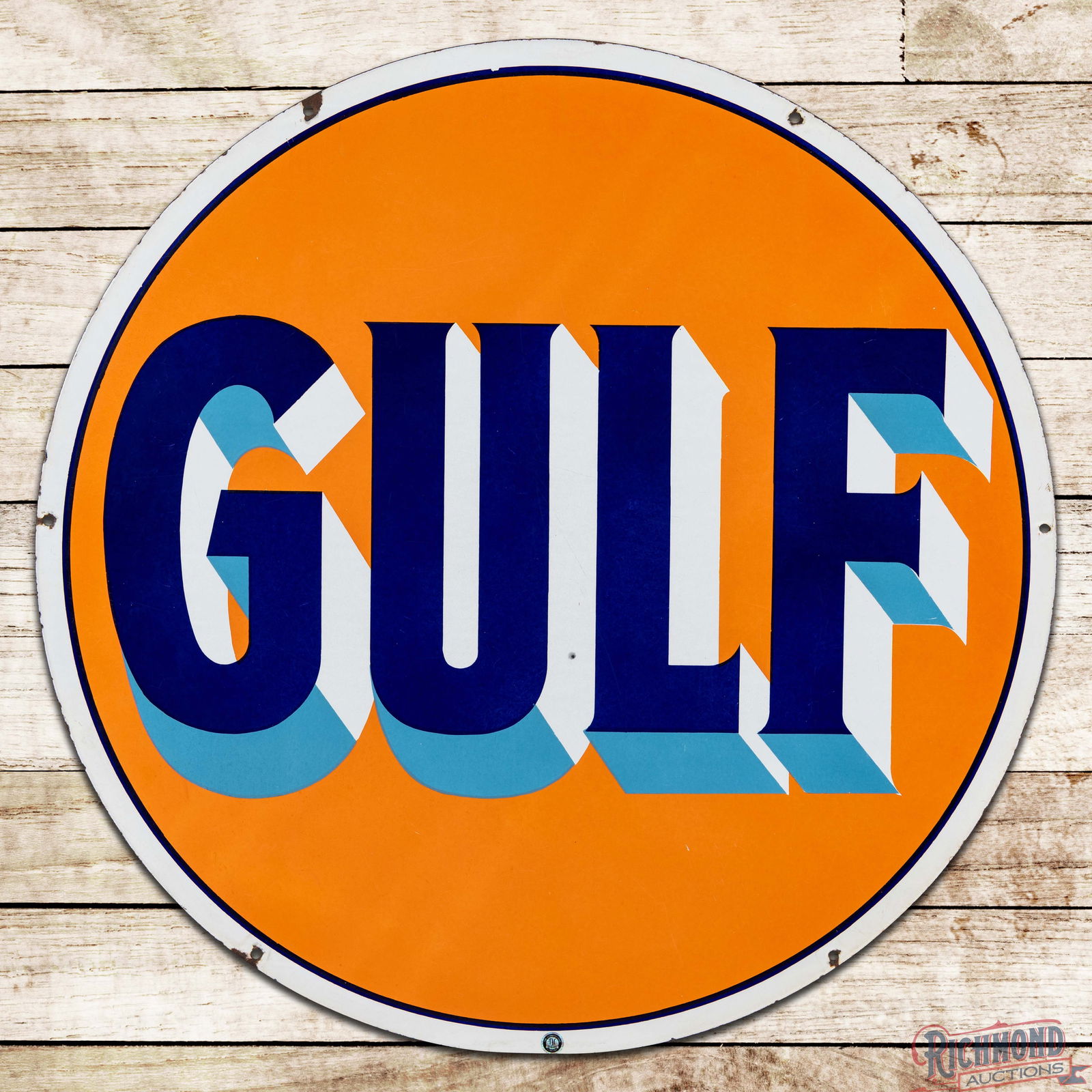 Outstanding Gulf Gasoline 42" Double Sided Porcelain Sign w/ Blue Shaded Letters (1 of 3)