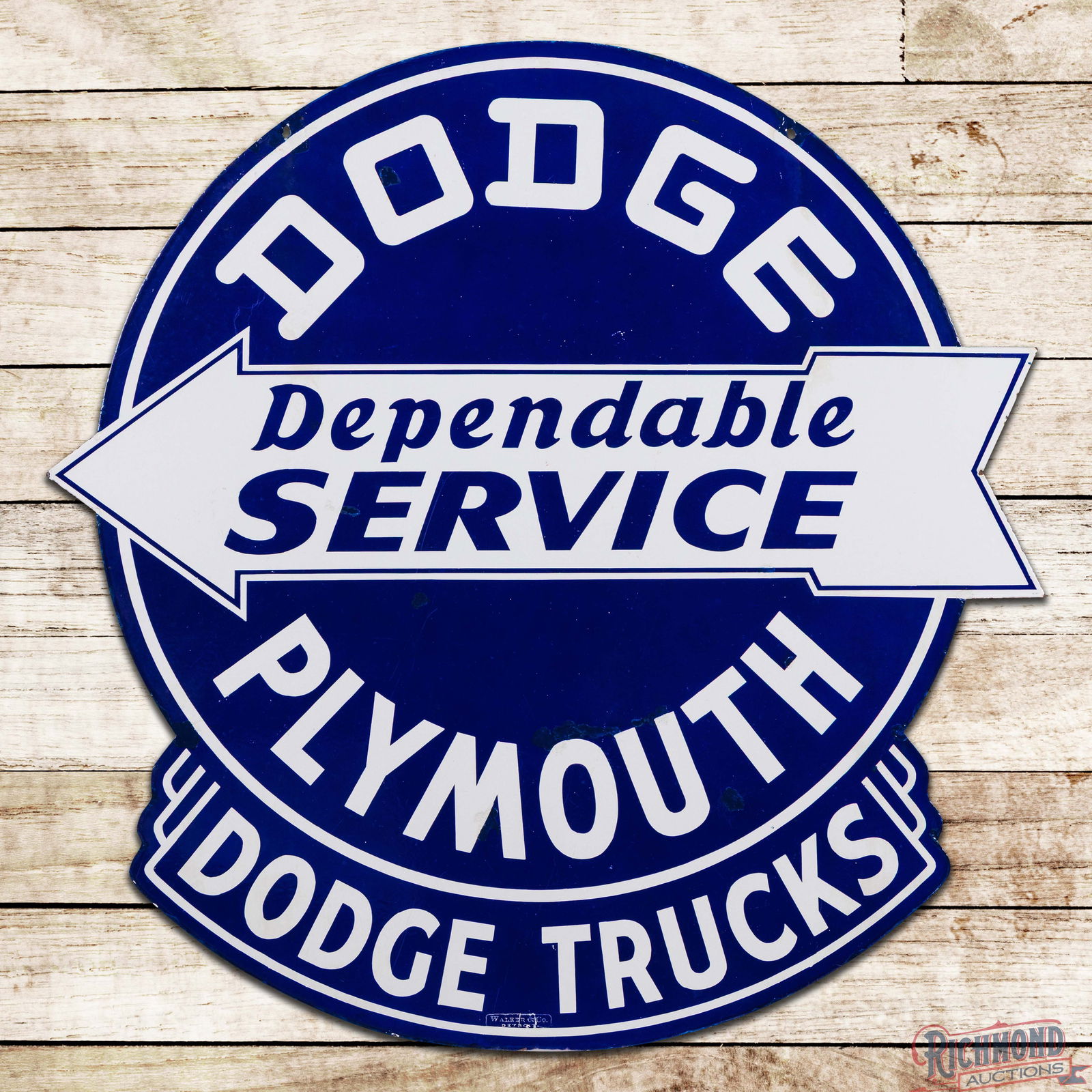 Dodge Plymouth Trucks Dependable Service 48" Die Cut Double Sided Porcelain Sign w/ Arrow: DSP (Double Sided Porcelain) die cut sign has excellent color and gloss. The display has minor surface imperfections with a visible eraser-sized chip and other color matched chips in the lettering. Th
