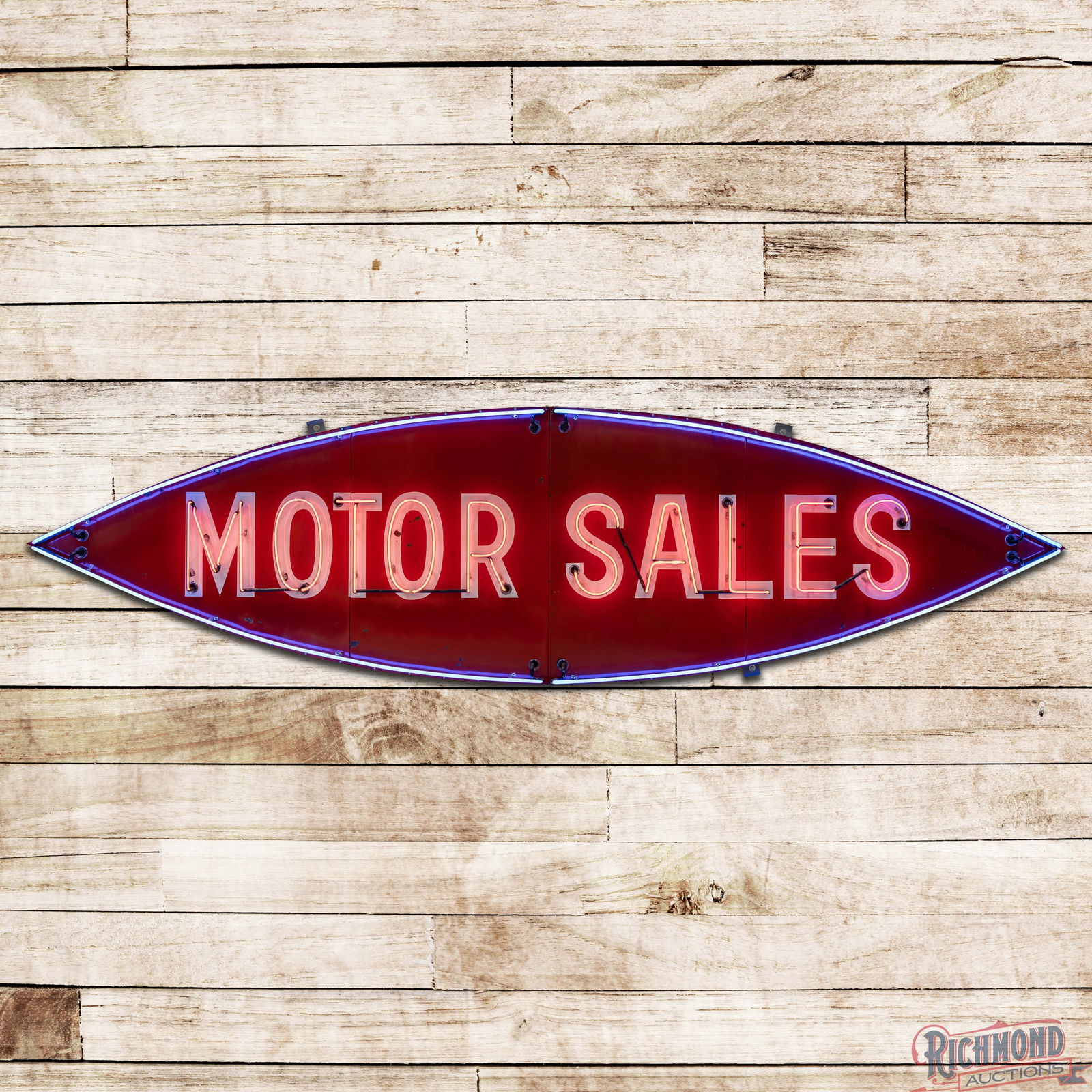 Motor Sales 15' Die Cut Factory Neon Sign: Single sided multi-piece factory neon sign with metal can has excellent color and gloss. The sign is very clean overall with light surface wear, chips and unused mount holes in the fields and perimete