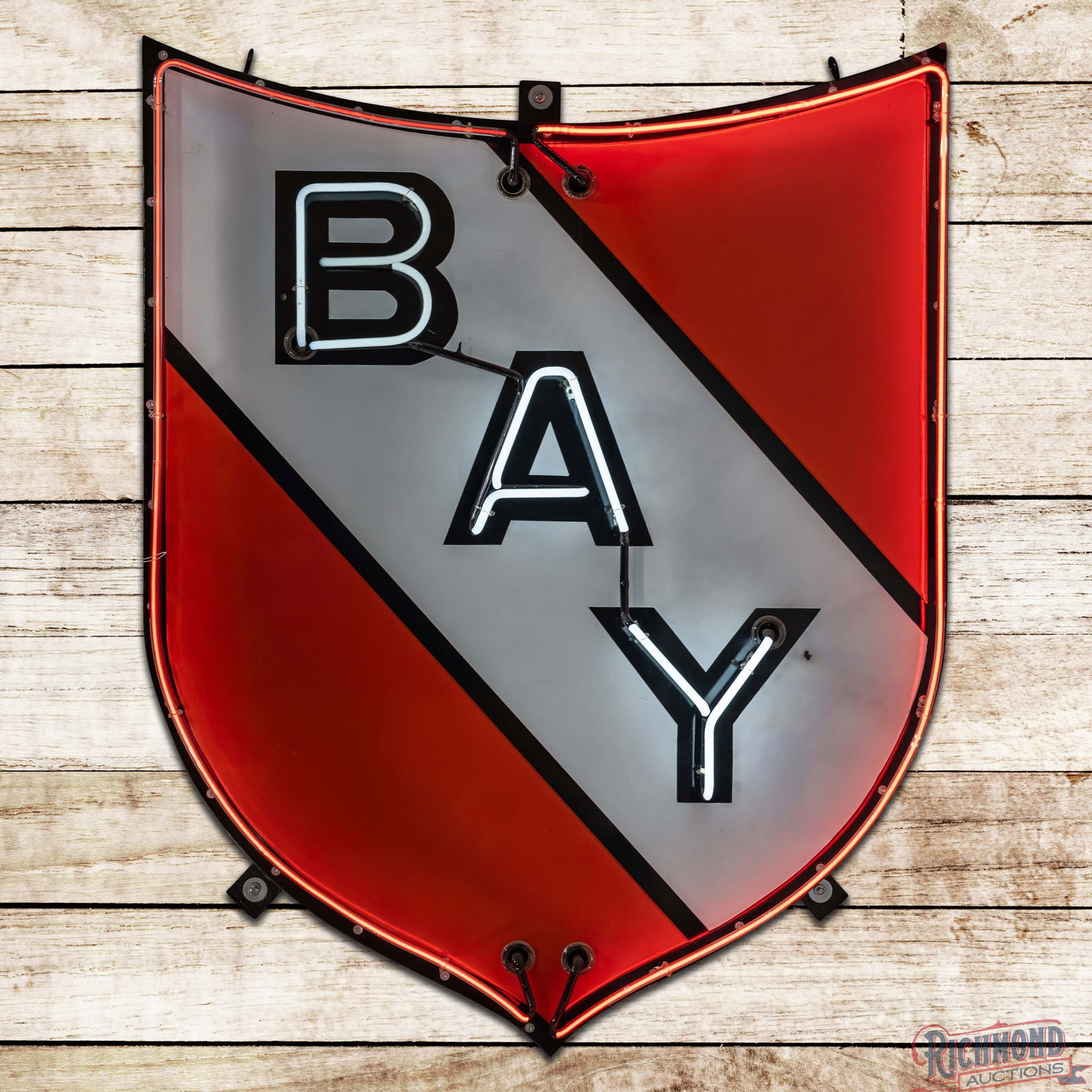 Bay Gasoline 5' Single Sided Porcelain Neon Service Station Shield Sign: SSP (Single Sided Porcelain) die cut sign with added neon and metal can has outstanding color and gloss. The field exhibits minor surface marks with an eraser-sized chip in the "B" and a dime-sized ch