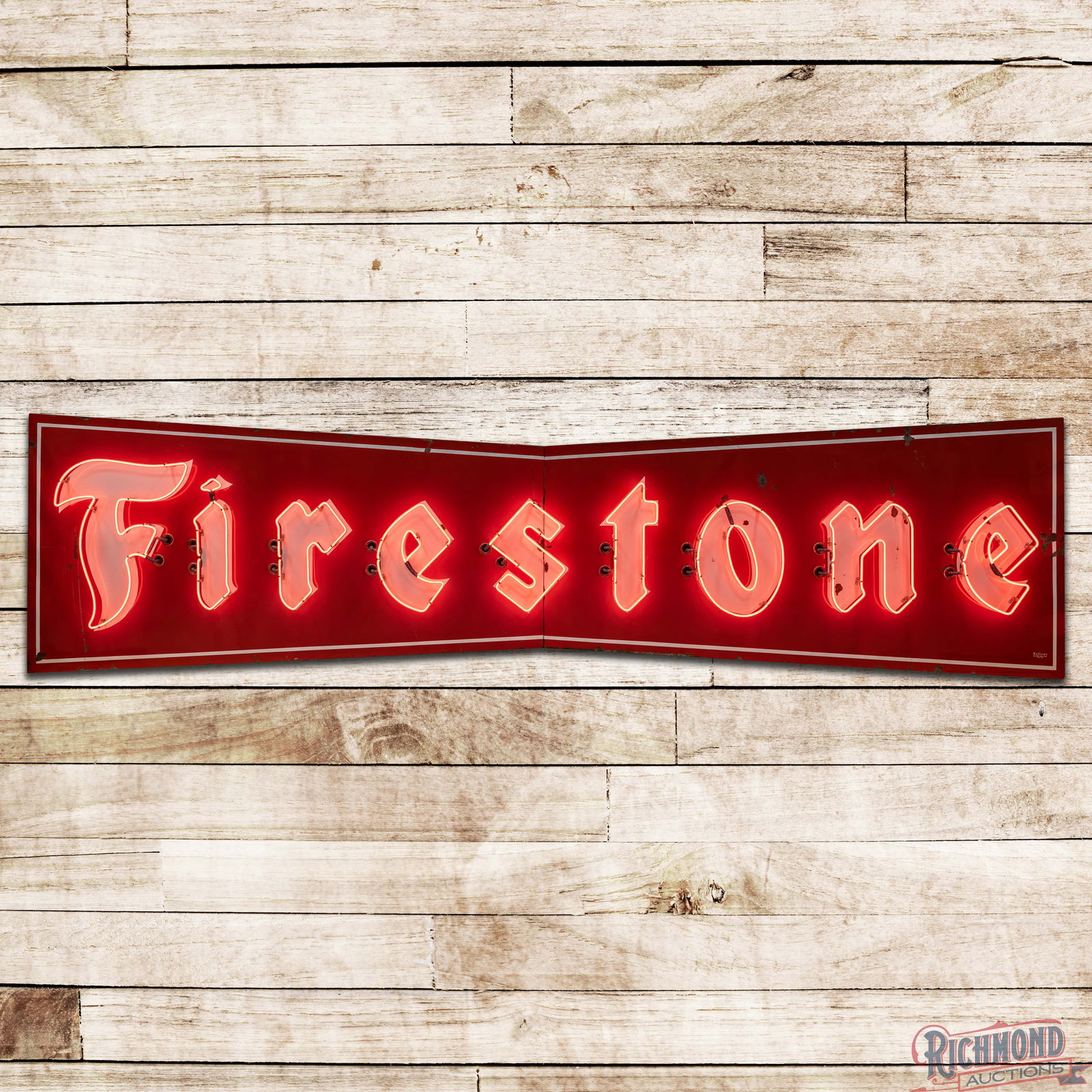 Firestone Tires 15.5' Die Cut Single Sided Porcelain Factory Neon Sign: SSP (Single Sided Porcelain) two-piece die cut factory neon sign with the original metal can has excellent color and gloss. The display has light surface wear with chips in the lettering and outer fie