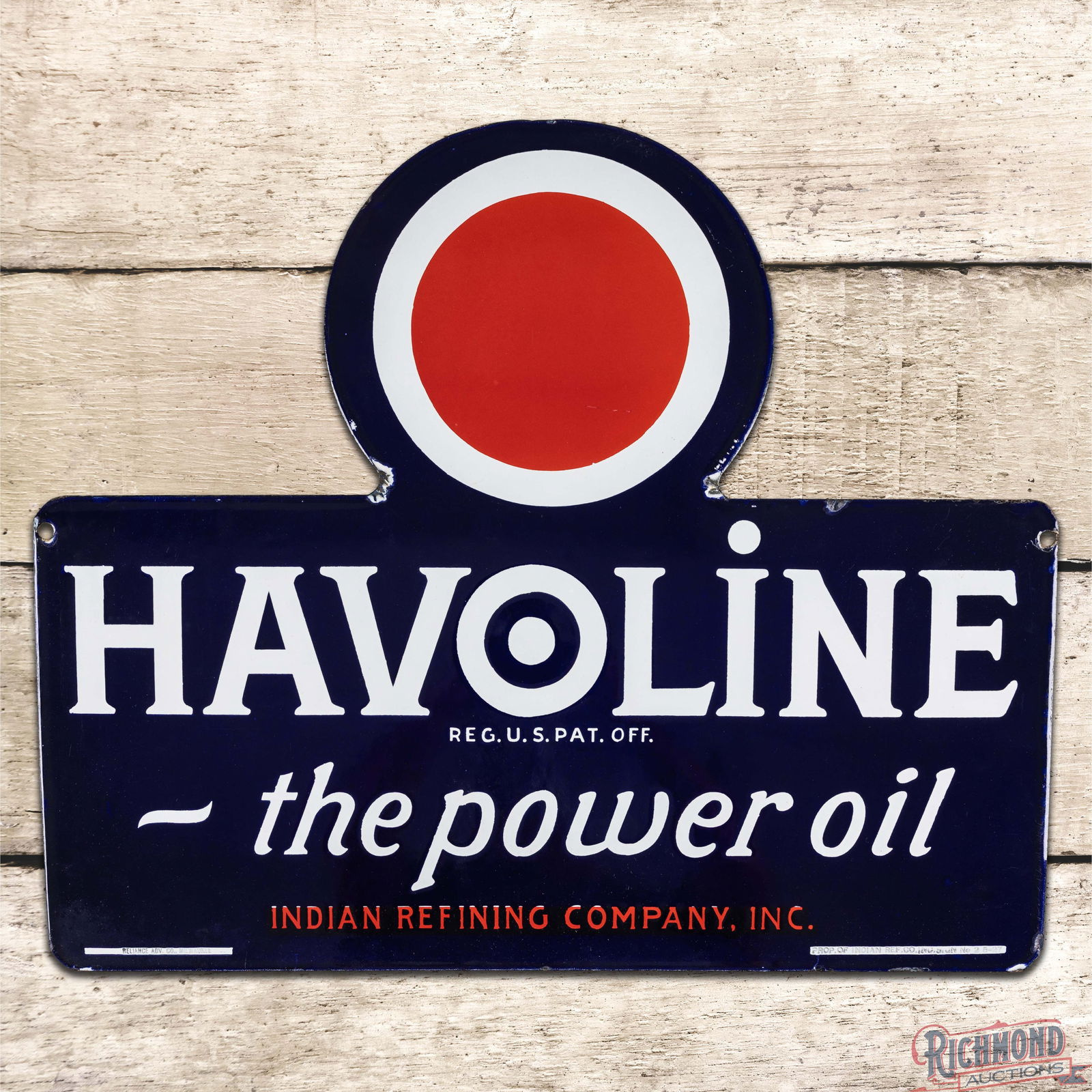 Amazing Havoline "The Power Oil" Indian Refining Co. Die Cut DS Porcelain Sign "Rare Size": Outstanding DSP (Double Sided Porcelain) die cut sign has outstanding color and gloss. The display has a clean field with minor surface imperfections and a slight bow on the upper portion of the