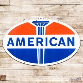1965 American Gasoline 6' Double Sided Porcelain ID Sign w/ Factory Ring