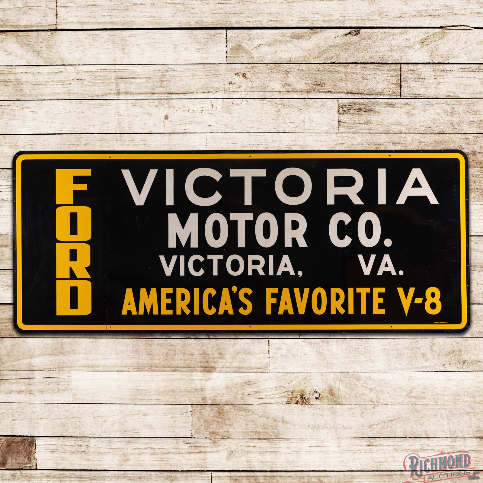 NOS 1958 Ford America's Favorite V-8 Victoria Motor Co. 10' Single Sided Tin Reflective Sign: Outstanding NOS (New Old Stock) SST (Single Sided Tin) sign with a factory wooden support frame has day one color and shine. The sign features a reflective sheeting on the white painted lettering.