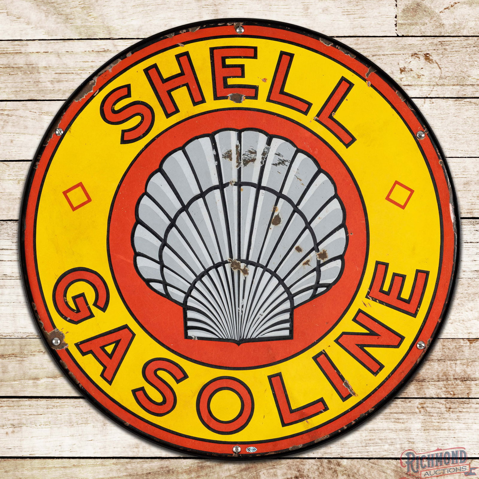 Shell Gasoline 30" Single Sided Porcelain Sign w/ Ring & Roxanne Logo: SSP (Single Sided Porcelain) sign with a custom wall mount ring has good color and gloss. The fields have chips with general surface wear. The perimeter has chips at the mounting holes and edges. The