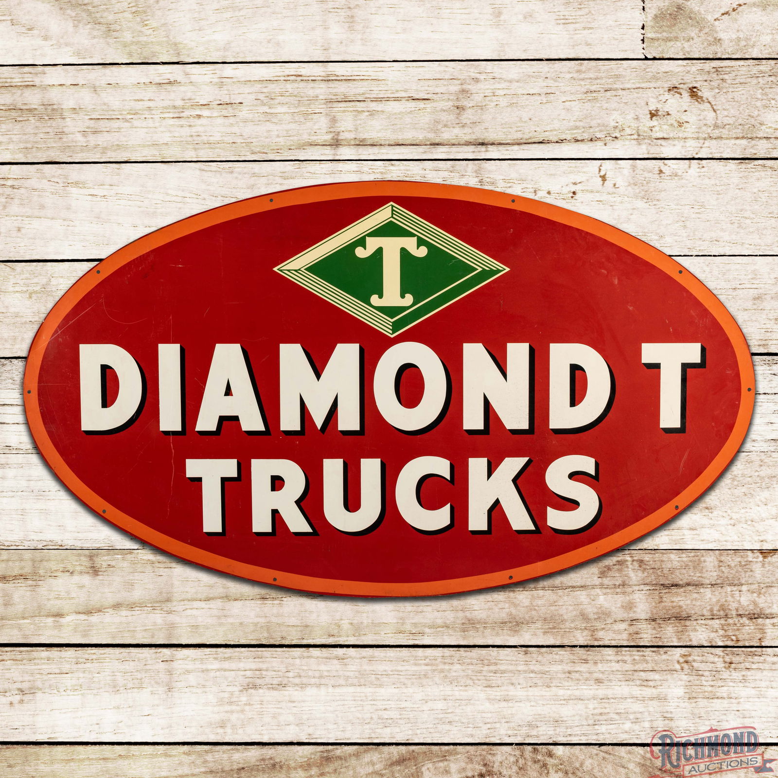 Diamond Trucks 6' Double Sided Tin Sign w/ Logo: DST (Double Sided Tin) sign has outstanding color and shine. Side #1 has light surface wear in the field with a paint chip in the right outer field. The perimeter has a slight bend on the right edge