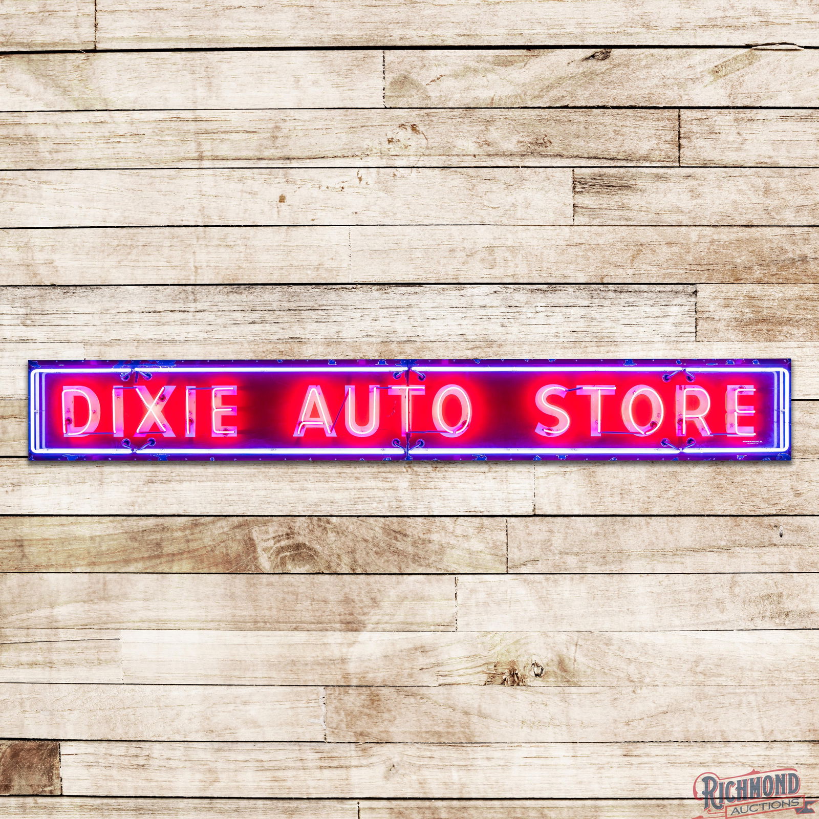 Dixie Auto Store 15' Horizontal Single Sided Porcelain Neon Sign: SSP (Single Sided Porcelain) self-framed two-piece sign with added neon and a new metal can has very good color and gloss. The fields have fine scratches with areas of minor discoloration and chips at