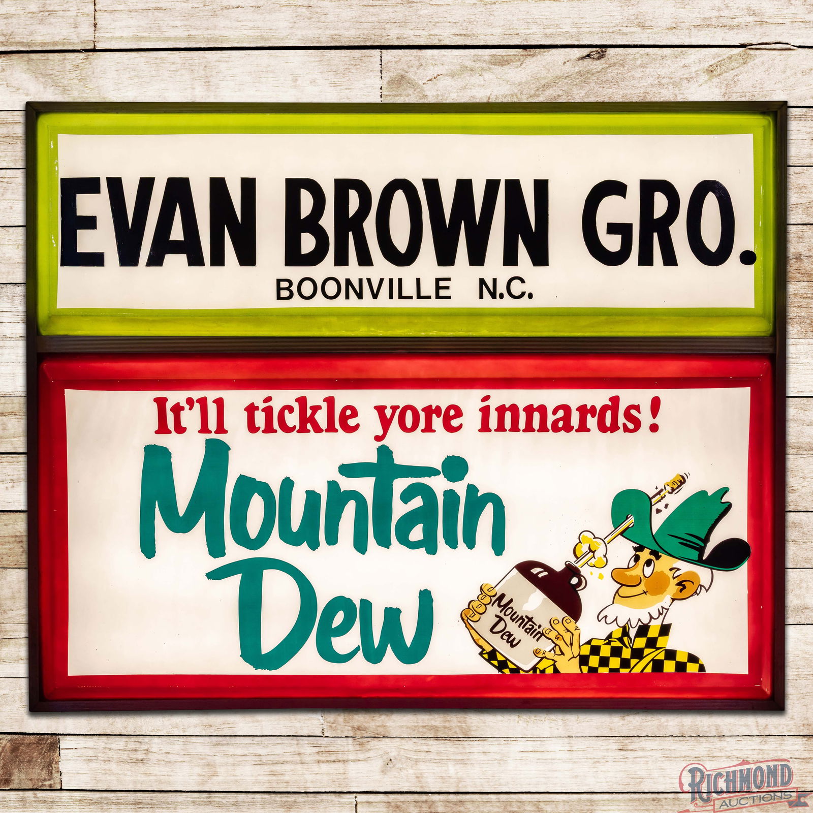 Rare Mountain Dew "It'll Tickle Yore Innards!" DS Lighted Sign Evan Brown Gro. Boonville NC: Outstanding multi-piece lighted double-sided plastic signs with the original metal can have outstanding color. Side #1 features a clean Willy the Hillbilly graphic with original "Mountain Dew"