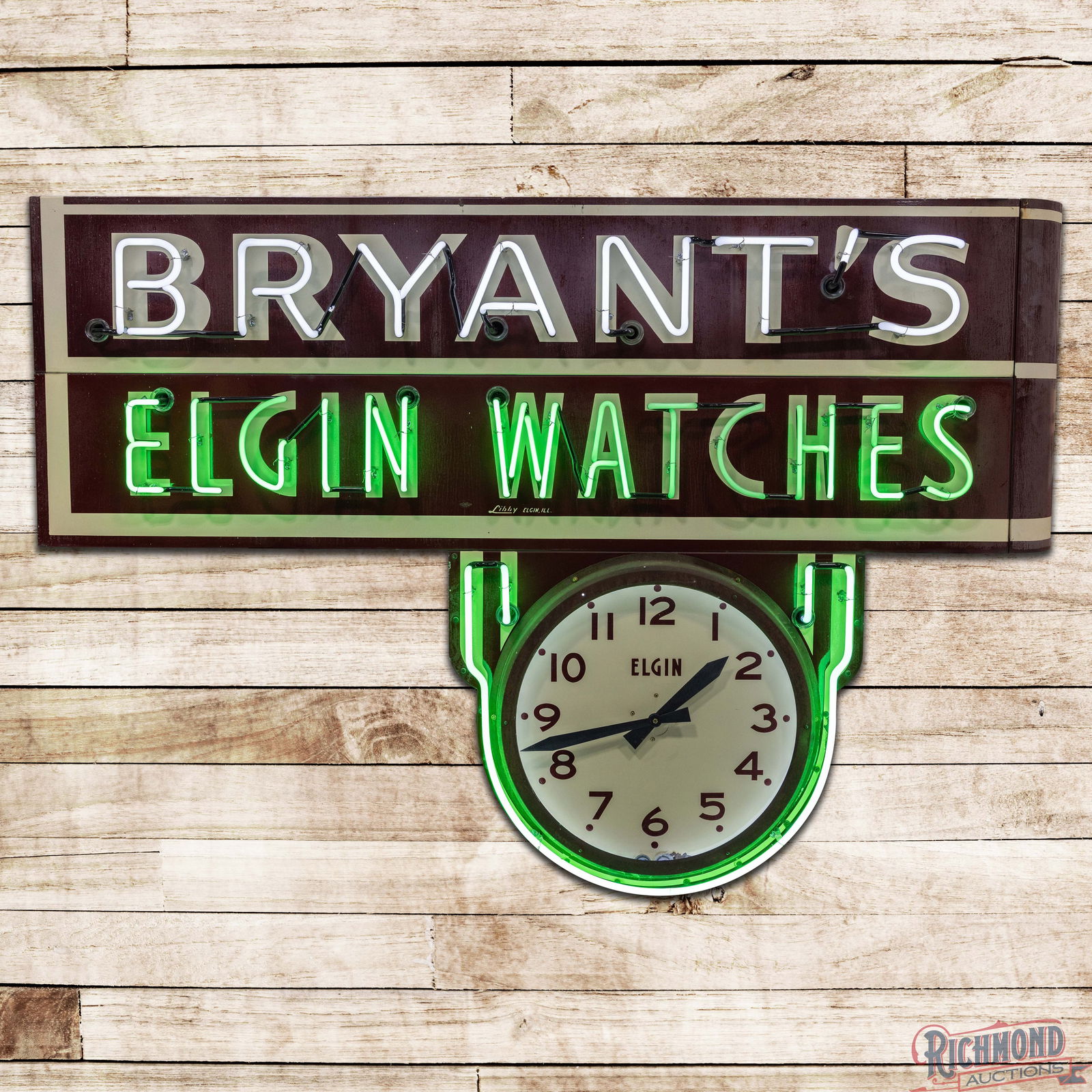 Bryant's Elgin Watches Double Sided Porcelain Factory Neon Sign w/ Clock: DSP (Double Sided Porcelain) factory neon sign with Elgin clock and the original can with bullnose has excellent color and gloss. Side #1 is very clean overall with minor discoloration at the insulato
