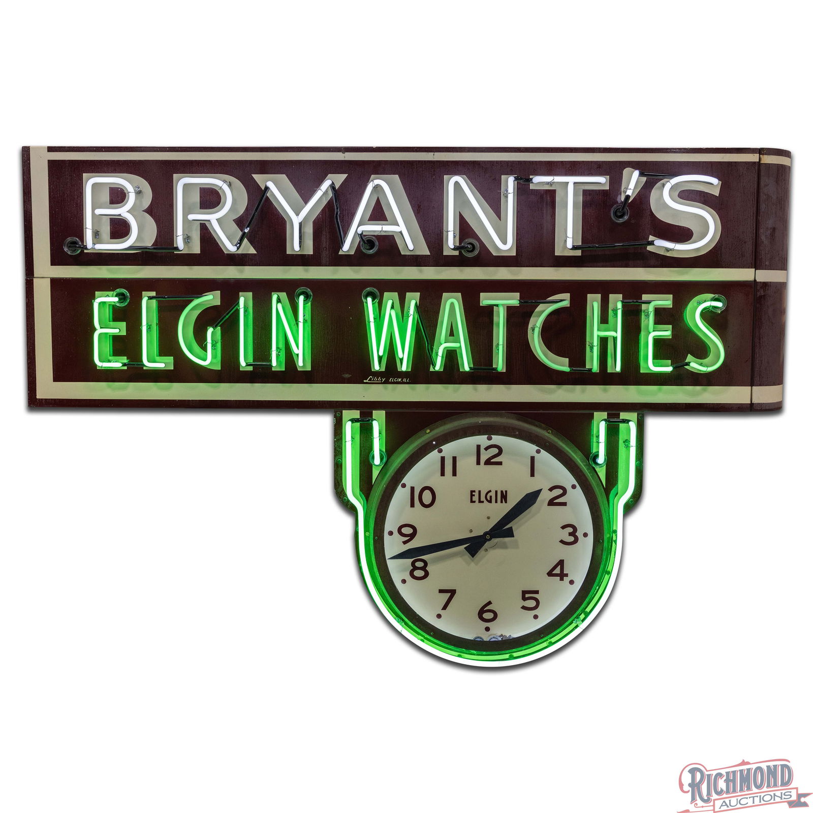 Bryant's Elgin Watches Double Sided Porcelain Factory Neon Sign w/ Clock - 2