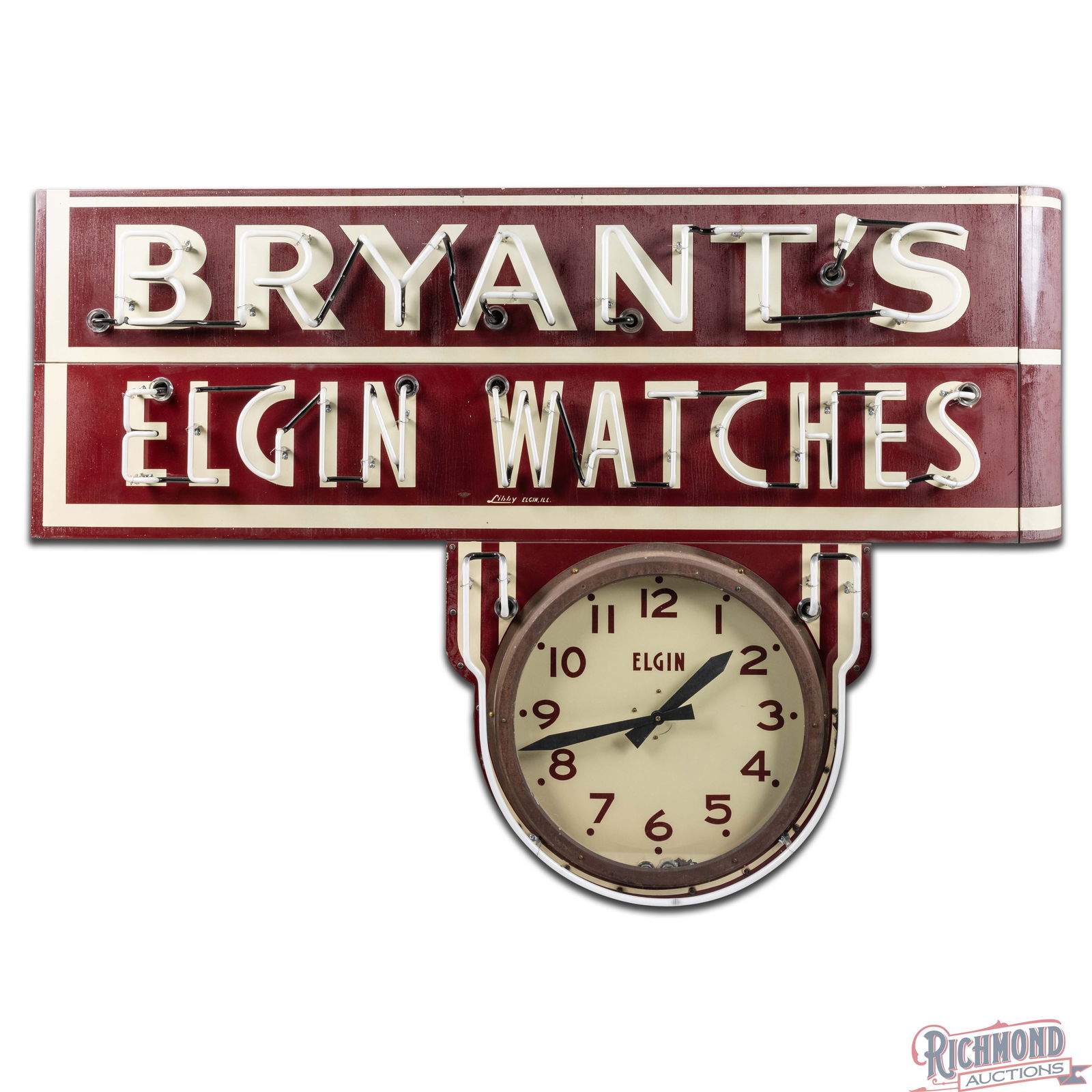 Bryant's Elgin Watches Double Sided Porcelain Factory Neon Sign w/ Clock - 3