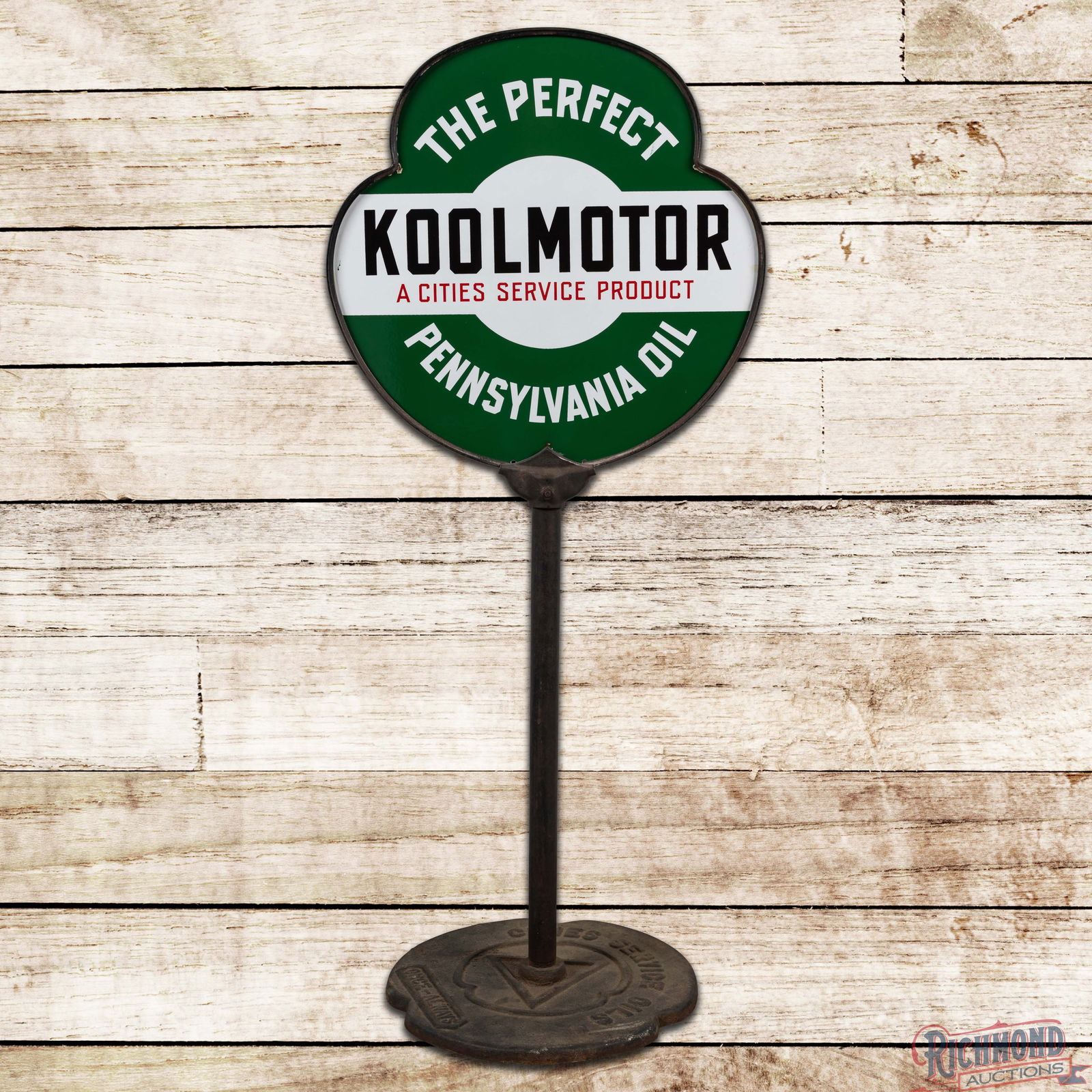 Amazing Cities Service Koolmotor "The Perfect Pennsylvania Oil" Double Sided Porcelain Curb Sign: DSP (Double Sided Porcelain) die cut sign with the factory ring, pole and base has day one color and gloss. The display has an exceptionally clean field with a few tiny chips along the outer edges.