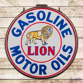 Rare Lion Gasoline Motor Oils 30" Double Sided Porcelain Sign w/ Ring