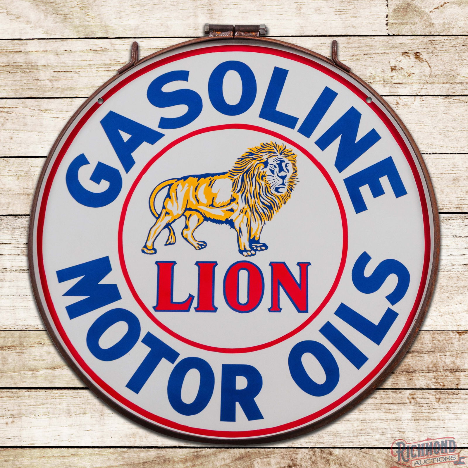 Rare Lion Gasoline Motor Oils 30" Double Sided Porcelain Sign w/ Ring: DSP (Double Sided Porcelain) sign has been professionally restored with brilliant color throughout. Side #1 exhibits heavy shelving with a highly detailed Lion graphic in the field. The reverse is in