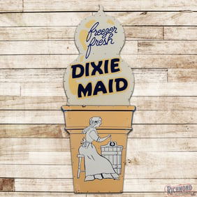 Amazing Dixie Maid "Freezer Fresh" 8' Die Cut SS Porcelain Ice Cream Cone Sign w/ Lady & Churn