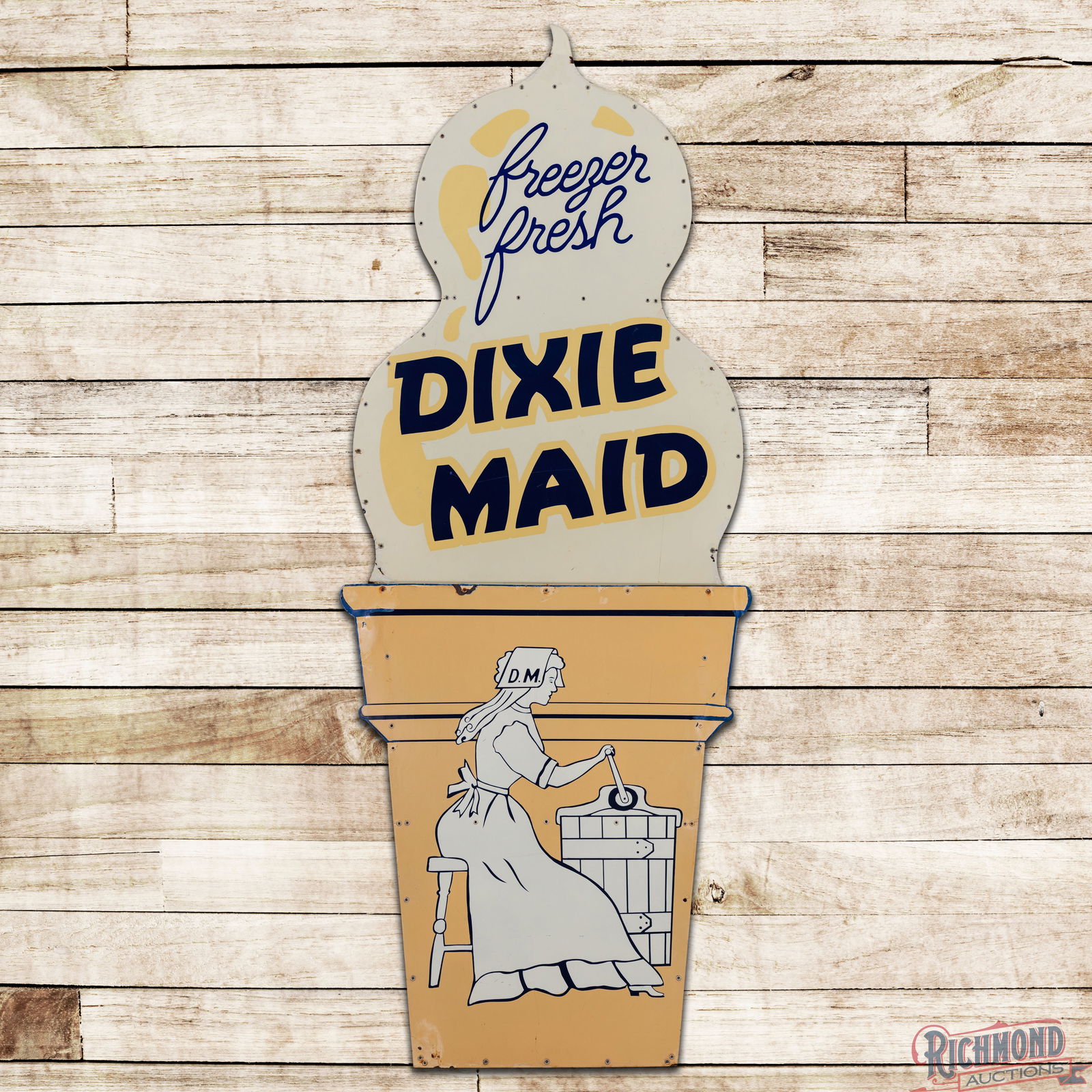 Amazing Dixie Maid "Freezer Fresh" 8' Die Cut SS Porcelain Ice Cream Cone Sign w/ Lady & Churn: SSP (Single Sided Porcelain) die cut two-piece sign has excellent color and gloss. The sign features a unique ice cream cone shape with graphics of the Dixie Maid lady and ice cream churn. The field e