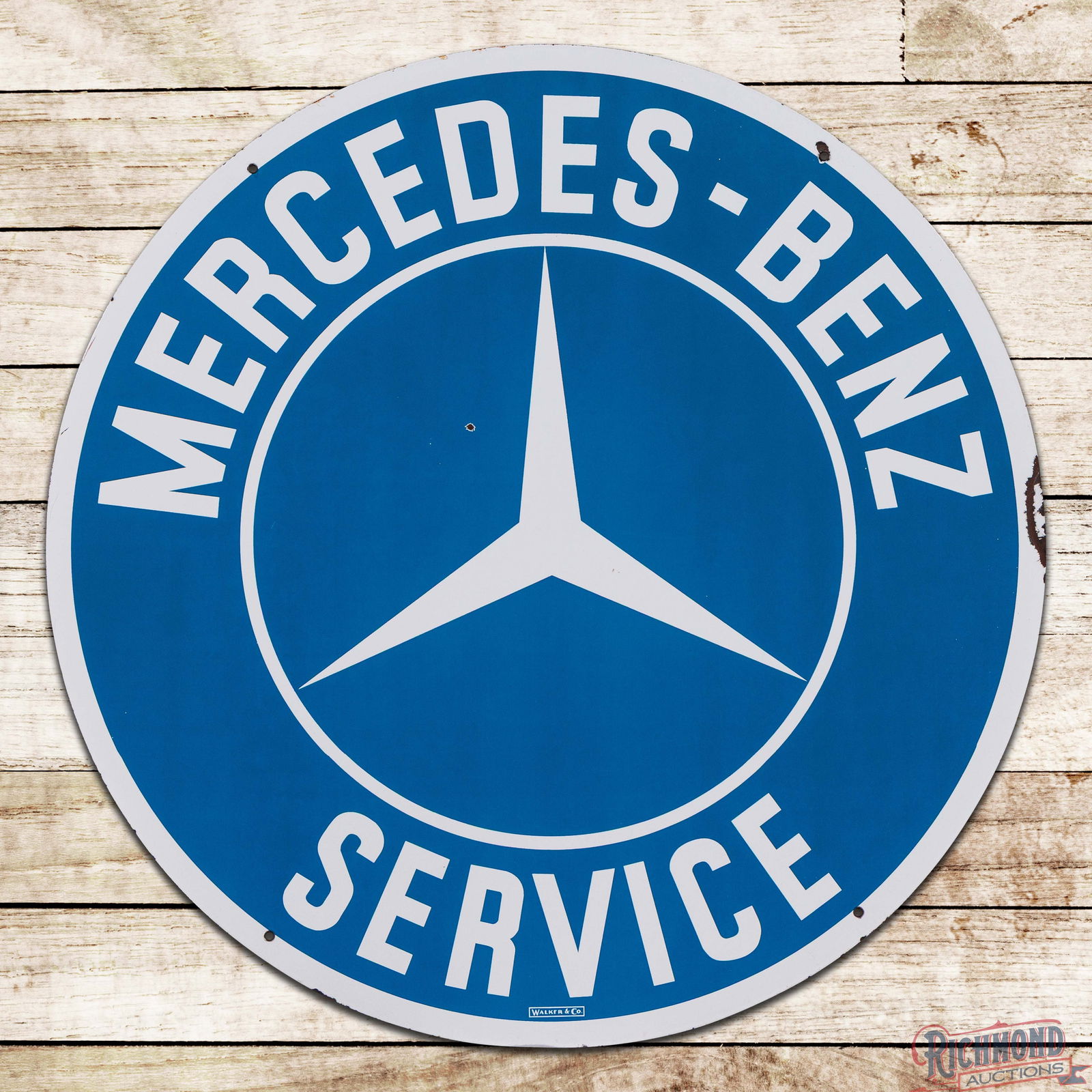 Superb Mercedes Benz Service 42" Double Sided Porcelain Logo Sign: DSP (Double Sided Porcelain) sign has outstanding color and gloss. The display field is very clean overall with a small chip in the left field. The perimeter has a small chip at the upper right