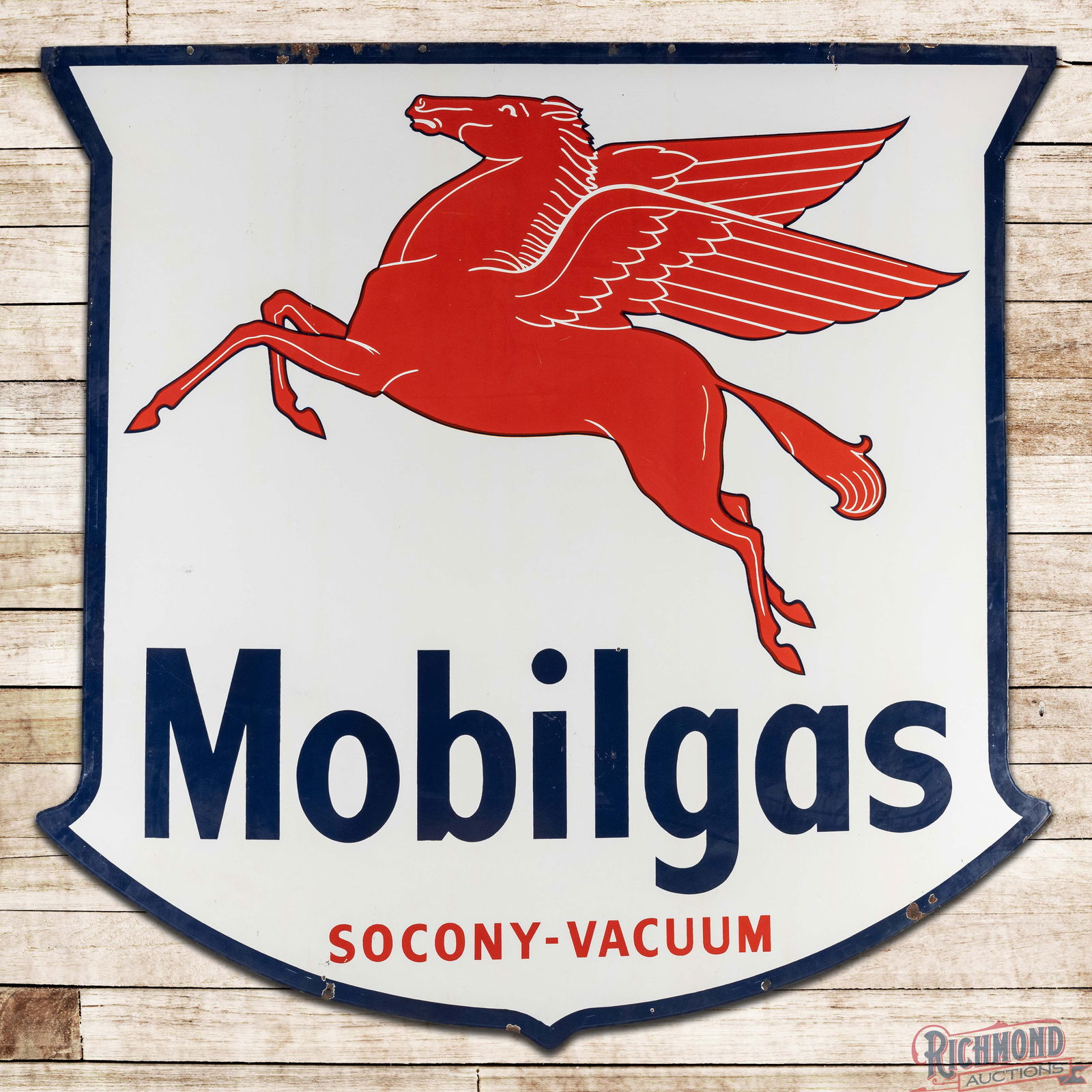 Excellent Mobilgas Socony-Vacuum 6' Die Cut Single Sided Porcelain ID Sign w/ Pegasus: SSP (Single Sided Porcelain) die cut sign has excellent color and gloss. The fields exhibit minor surface imperfections with an eraser sized chip in the "L" in the lower field and crazing in the "S" o