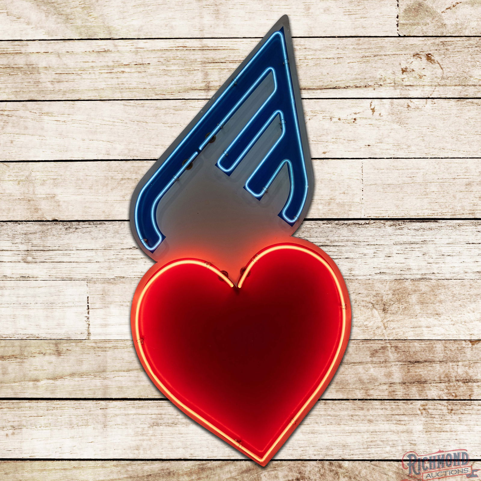 Scarce Douglas Gasoline 5.5' Die Cut Single Sided Porcelain Neon Sign w/ Winged Heart Logo: SSP (Single Sided Porcelain) die cut cookie cutter edge sign with added neon and a new metal can has excellent color and gloss. The field is very clean overall with minor surface imperfections and two