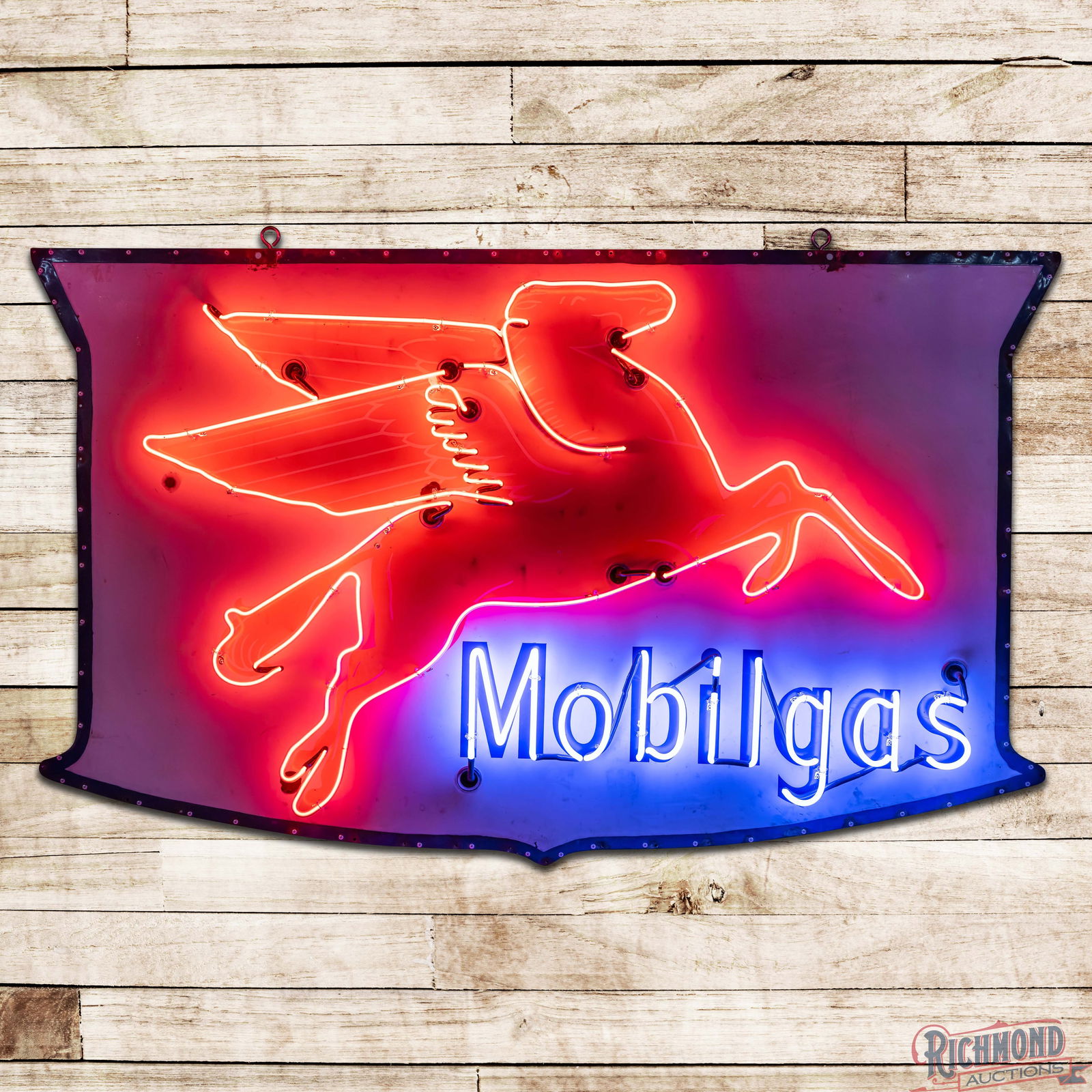 Mobilgas 6.5' Single Sided Porcelain Die Cut Service Station Neon Sign w/ Pegasus: SSP (Single Sided Porcelain) die cut sign with added neon and a new metal can has good color and gloss. The sign features a large Pegasus graphic in the field with two-color neon and "flashing" Mobilg