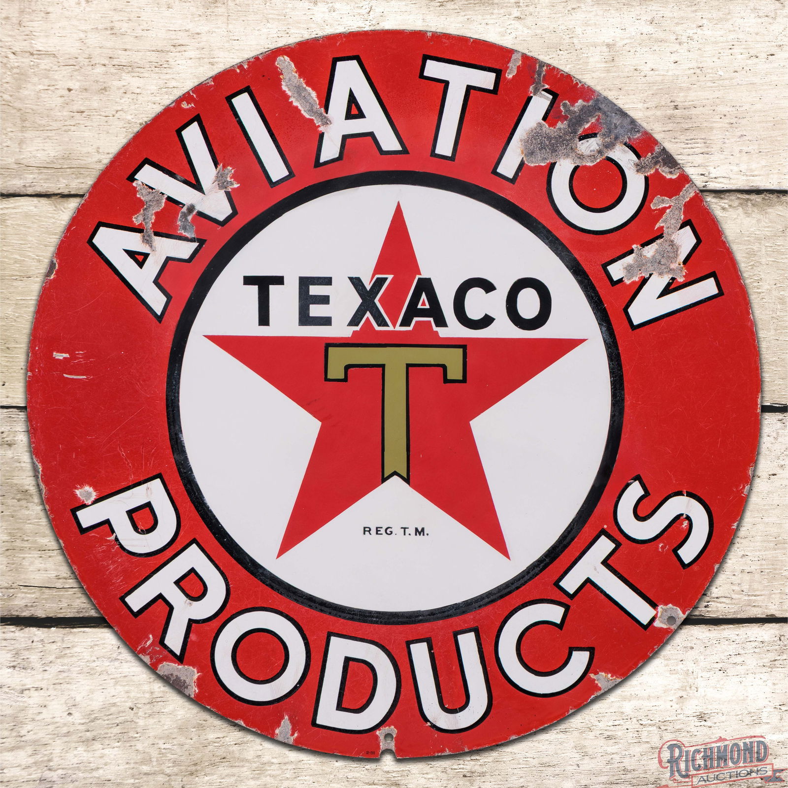 Rare 1931 Texaco Aviation Products 24" Double Sided Porcelain Sign w/ Logo "Black T": DSP (Double Sided Porcelain) sign has very good color and gloss. The display has areas of professional color match and clear coat in the logo to enhance the finish. The outer lettering and perimeter