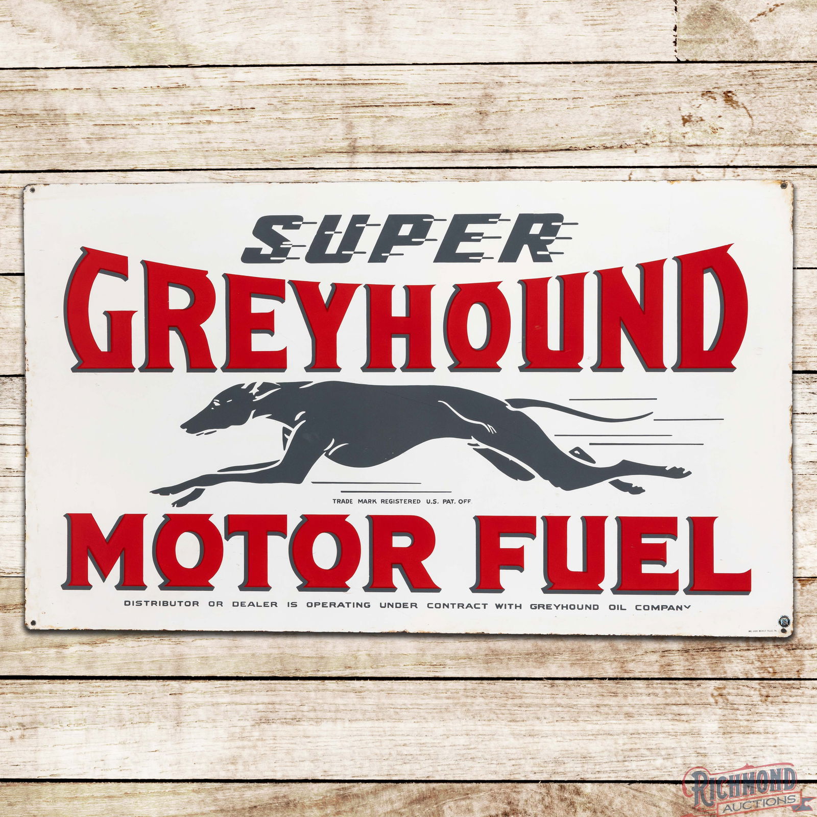 Outstanding Super Greyhound Motor Fuel Gasoline 5' Double Sided Porcelain Sign w/ Logo: DSP (Double Sided Porcelain) sign has excellent color and gloss. The display has a clean field with minor surface imperfections. The perimeter has small chips with edge wear and minor discoloration. T