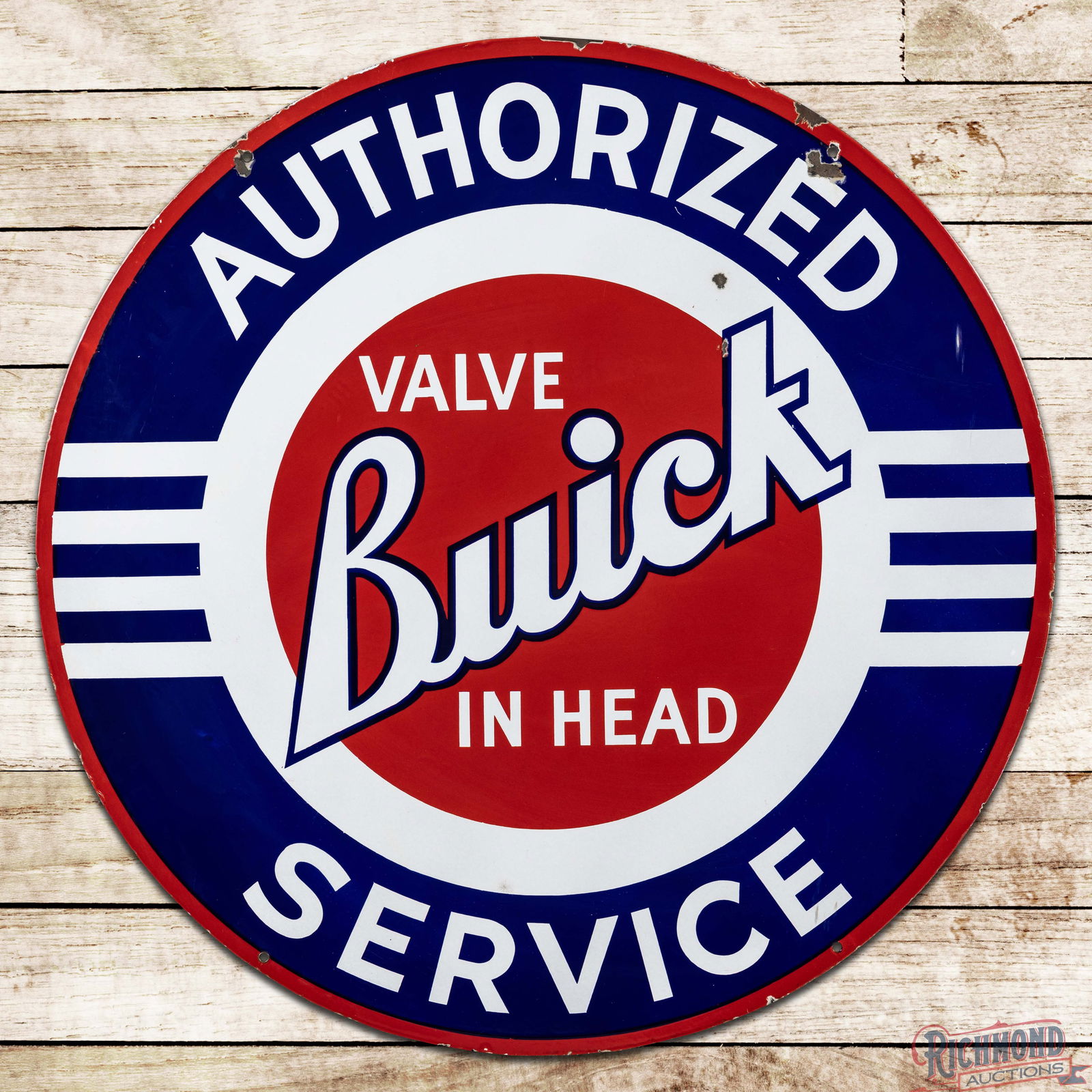 Buick Authorized Service "Valve in Head" 42" Double Sided Porcelain Sign "Small Logo": DSP (Double Sided Porcelain) sign has excellent color and gloss. The display has small chips in the right fields with a minor bruise in the lower field. The perimeter has light wear with chips at the