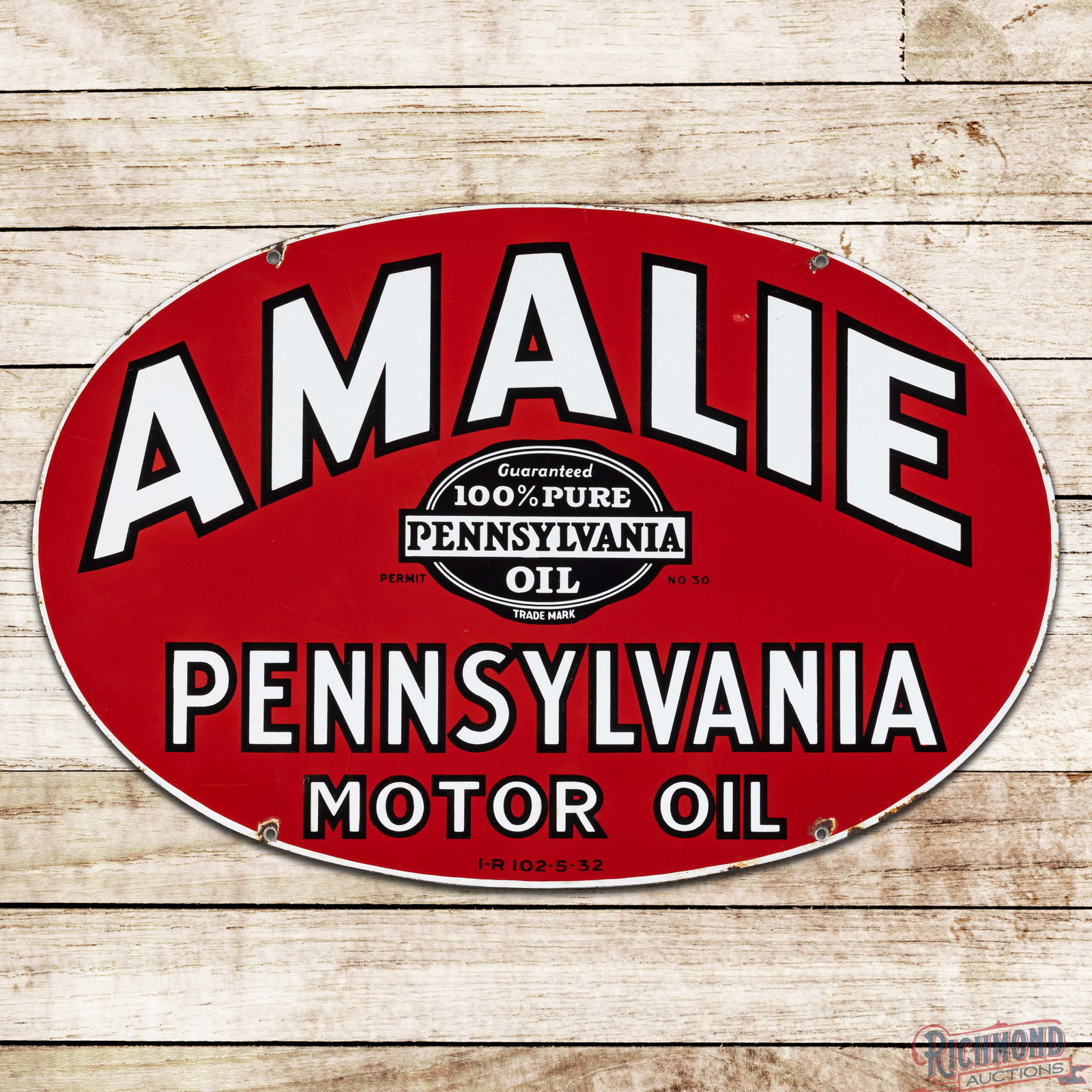 Fantasitc Amalie 100% Pure Pennsylvania Motor Oil Double Sided Porcelain Sign w/ Logo: DSP (Double Sided Porcelain) sign has excellent color and gloss. Side #1 has a clean field with small factory blemish in the upper field. The perimeter has chips at the mounting holes and edges. The r