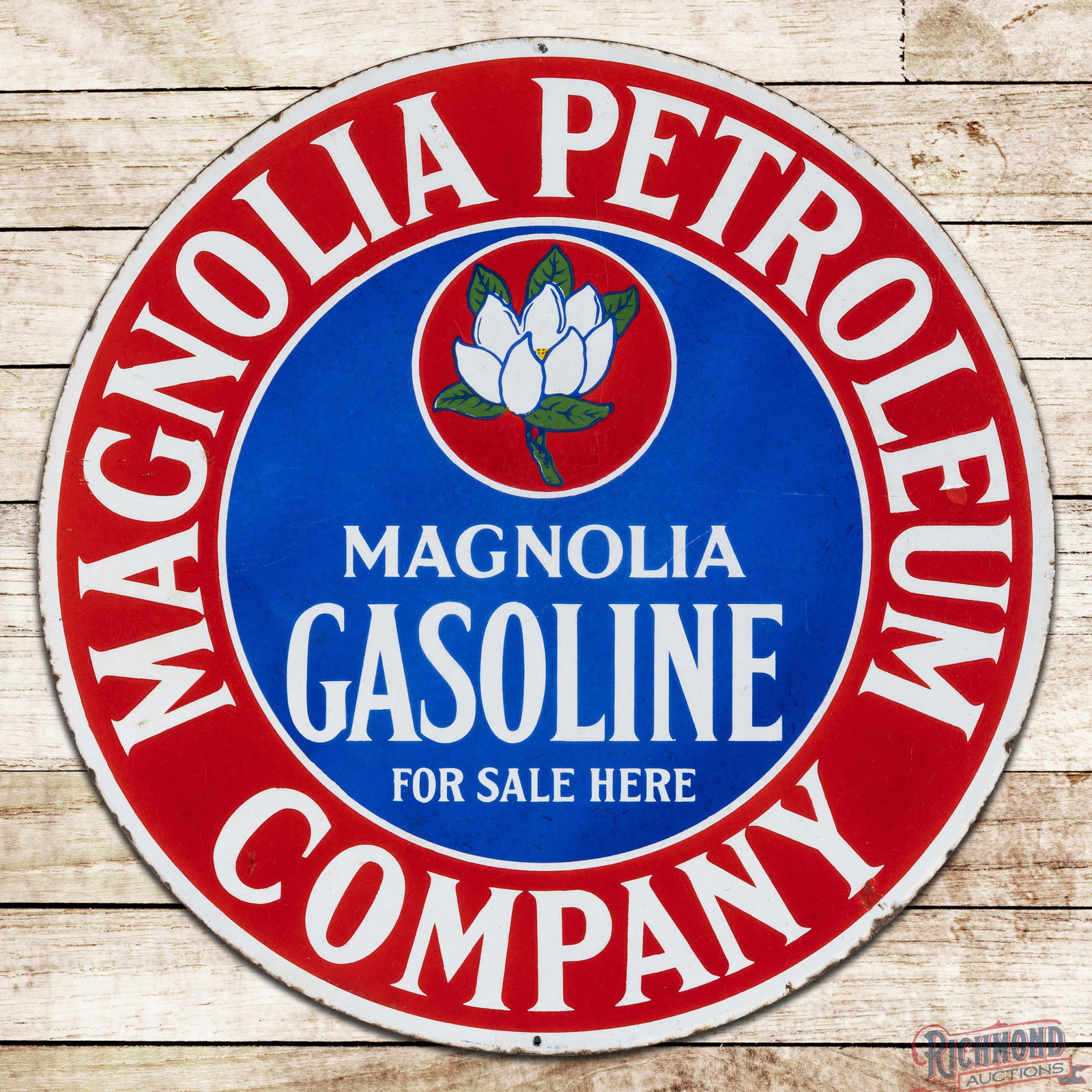 Magnolia Petroleum Company Gasoline For Sale Here 30" Double Sided Porcelain Sign: DSP (Double Sided Porcelain) sign has good color and gloss. Side #1 has surface wear with fine scratches in the fields. The outer fields and perimeter have chips with areas of color match, minor