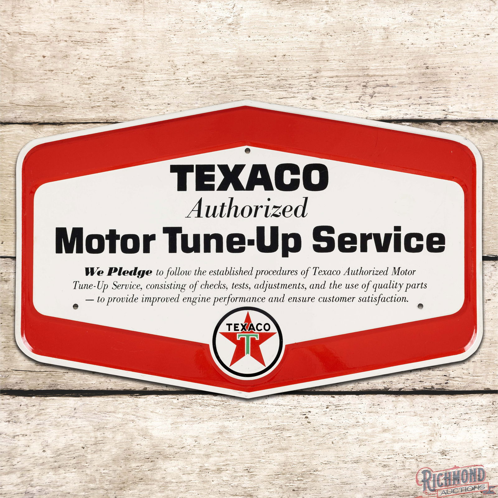 Rare Texaco Authorized Motor Tune-Up Service "Pledge" Emb. Single Sided Tin Sign: Amazing SST (Single Sided Tin) embossed sign has outstanding color and shine. The field is clean with light surface wear and area of prior sticker discoloration in the right field above the "I" in