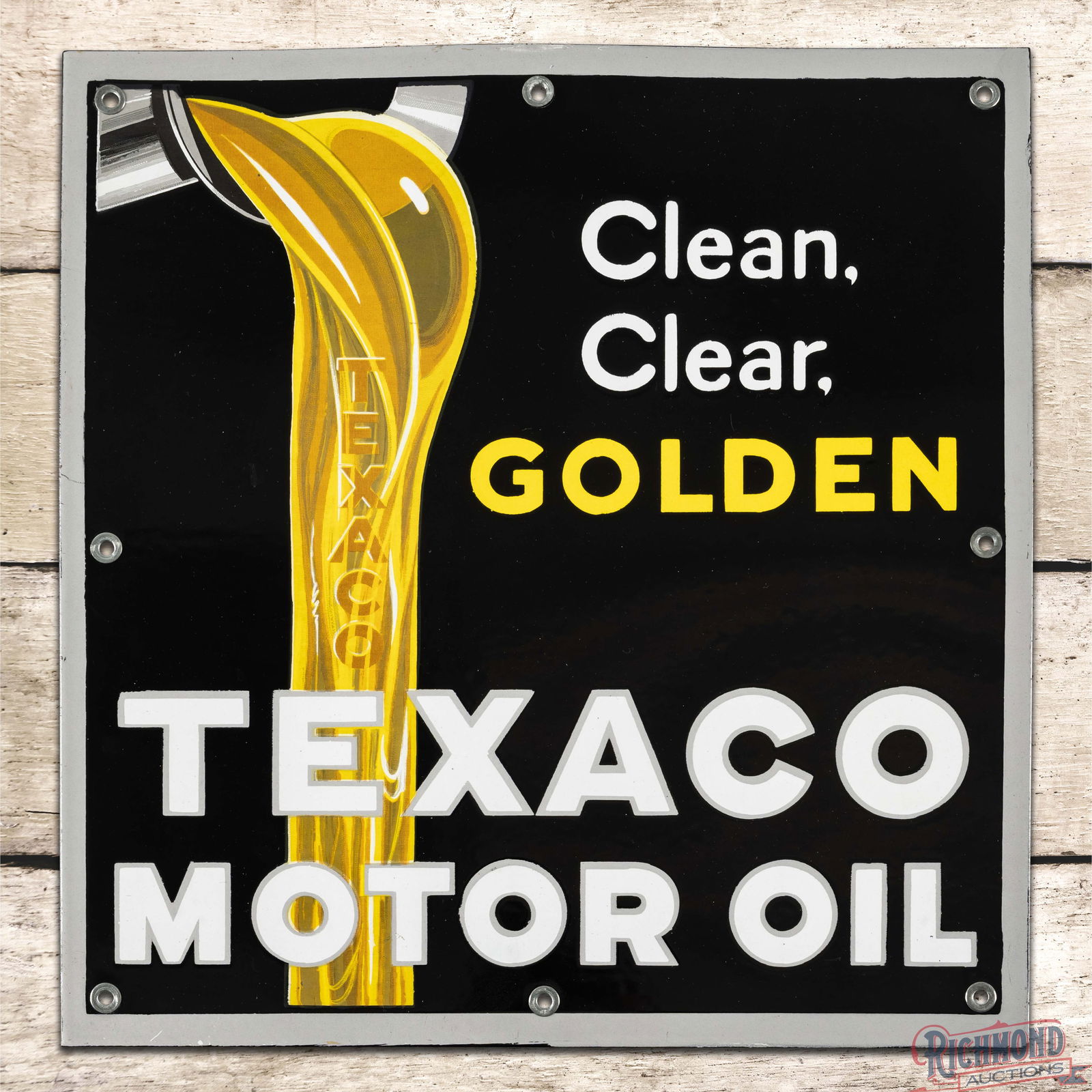 Impressive Clean Clear Golden Texaco Motor Oil Single Sided Porcelain Sign: SSP (Single Sided Porcelain) sign has day one color and gloss. The sign features brilliant colors with heavy shelving and a pouring oil graphic in the left field. The display is in exceptional