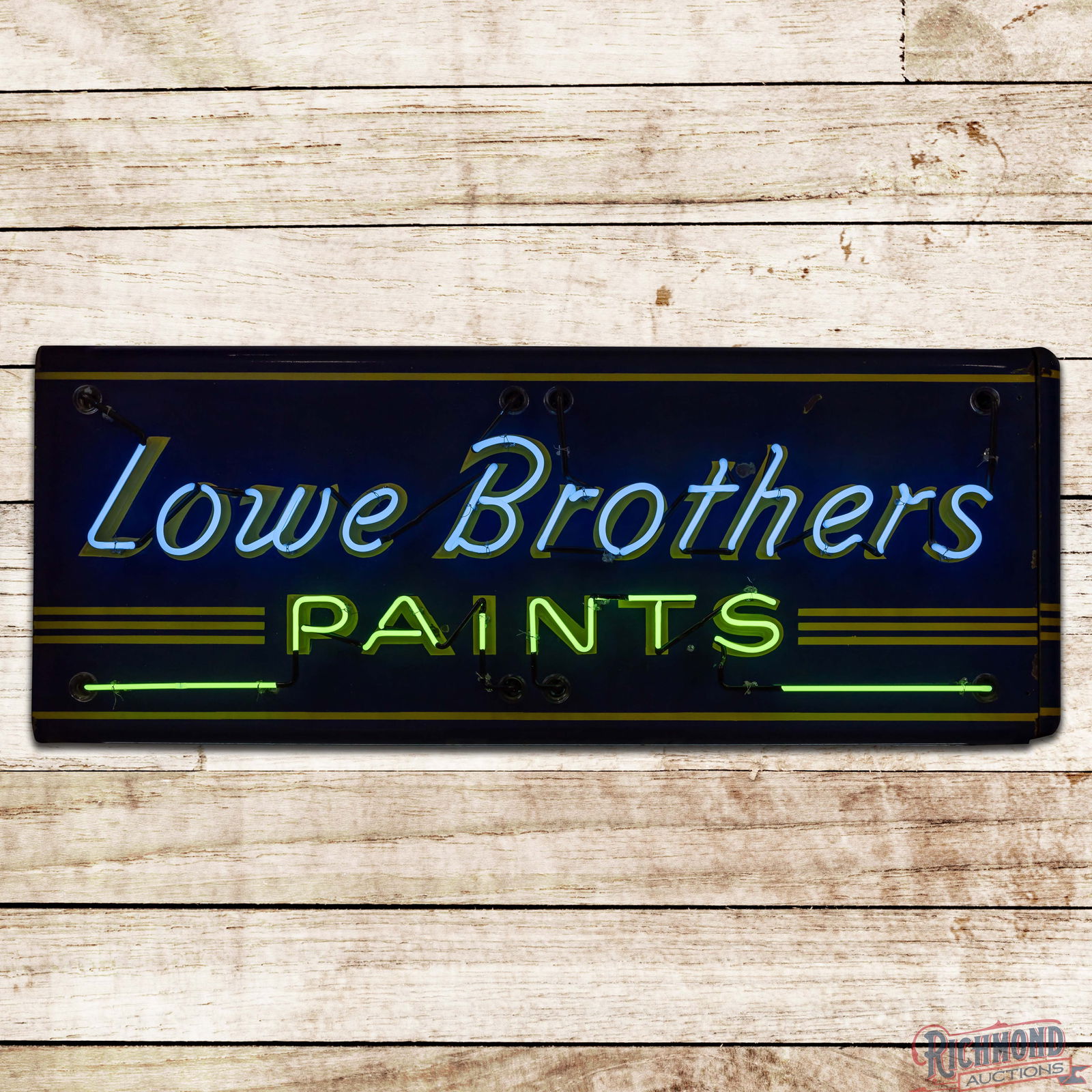 Lowe Brothers Paints Emb. Double Sided Porcelain Factory Neon Sign: DSP (Double Sided Porcelain) embossed factory neon sign with bullnose has very good color and gloss. The display exhibits light surface wear with small chips in the fields and perimeter. The reverse h